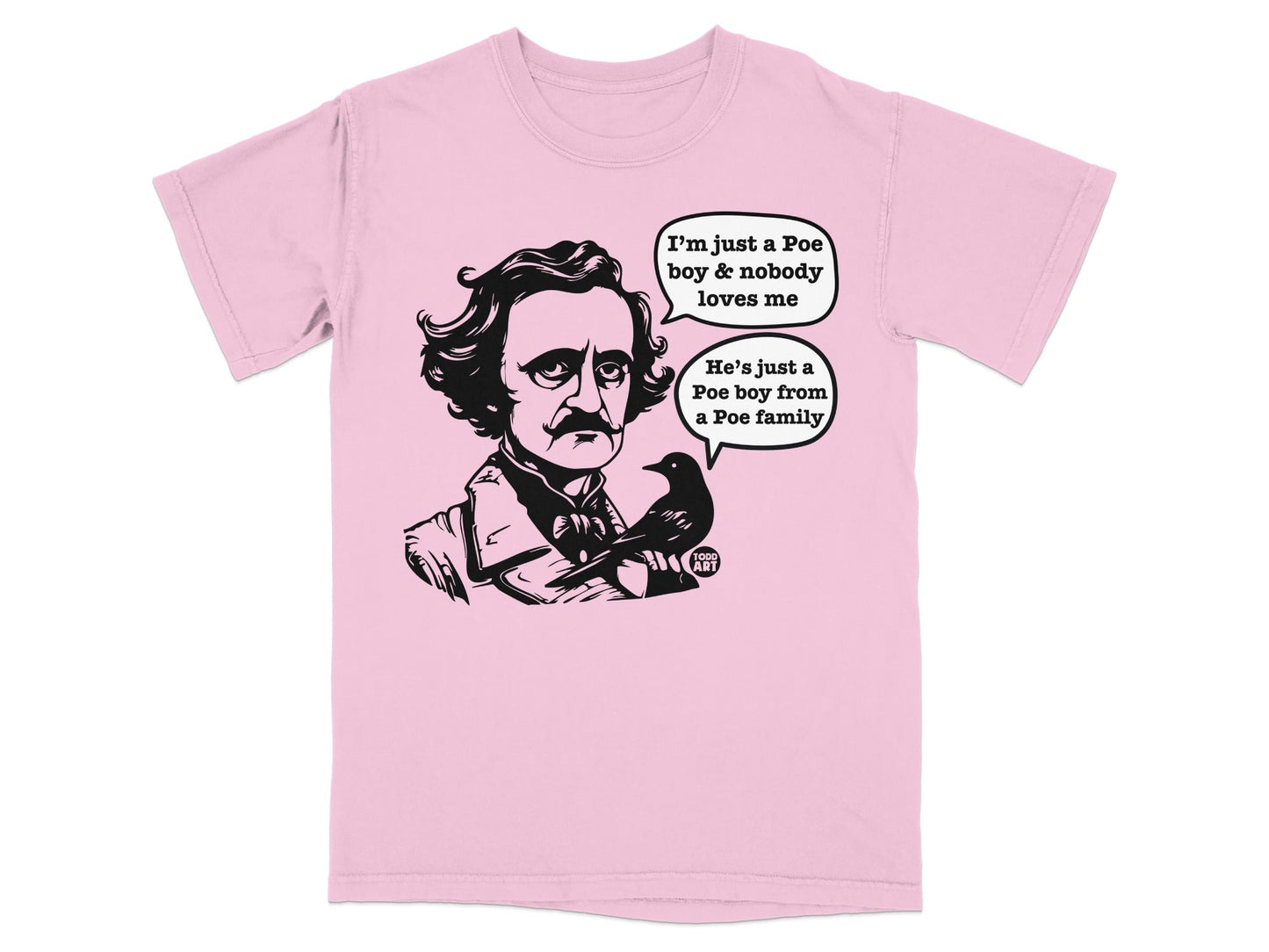 Edgar Allan Poe illustration with a bird and text bubbles discussing Poe.