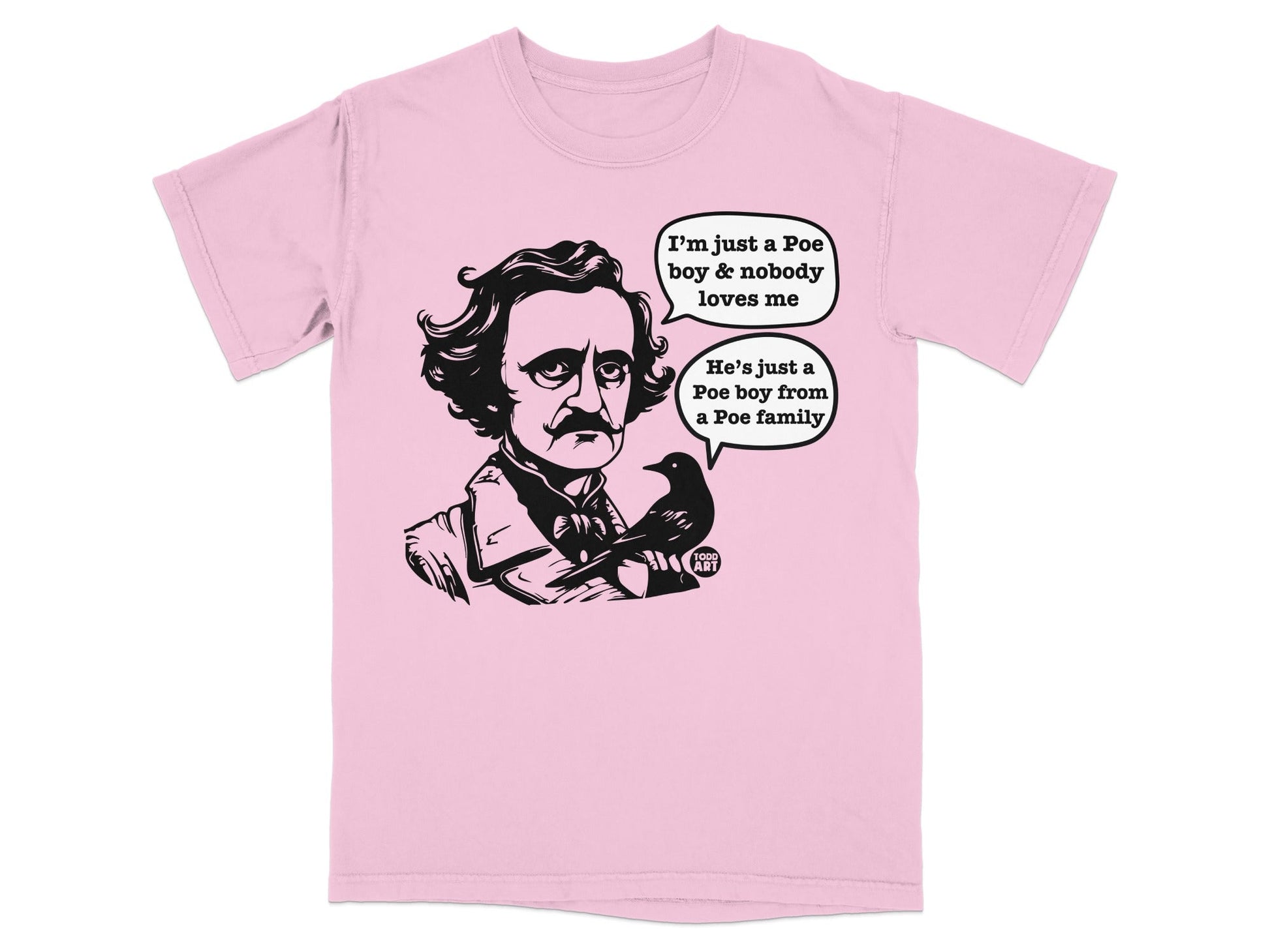 Edgar Allan Poe illustration with a bird and text bubbles discussing Poe.