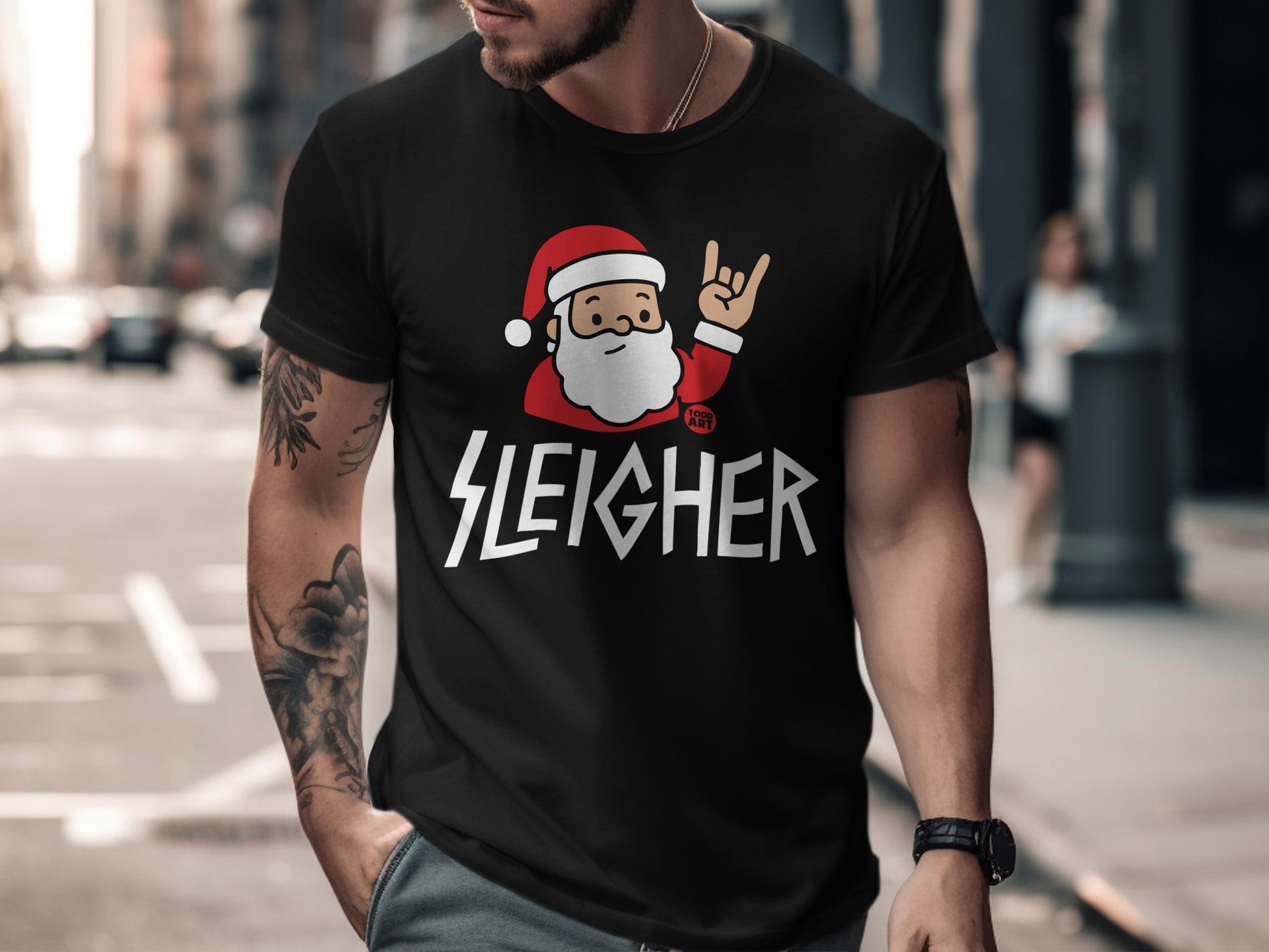 Sleigher Graphic Tee Featuring Rocking Santa Claus Design
