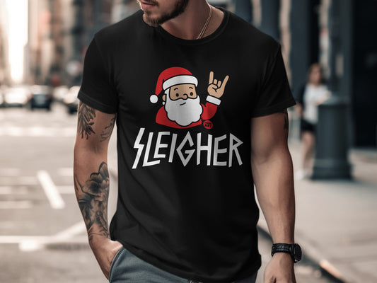 Sleigher Graphic Tee Featuring Rocking Santa Claus Design