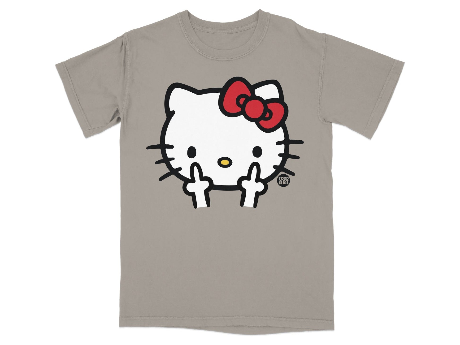 Hello Kitty character giving middle fingers on a grey t-shirt.