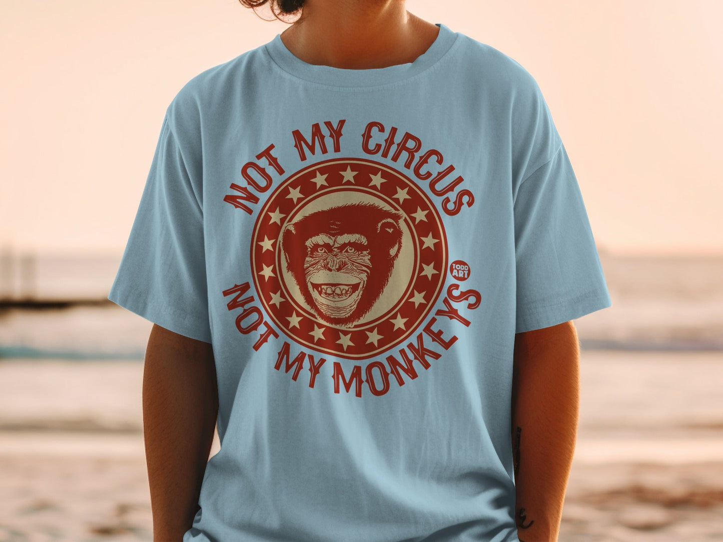 Light blue t-shirt with "NOT MY CIRCUS NOT MY MONKEYS" text and a monkey graphic.