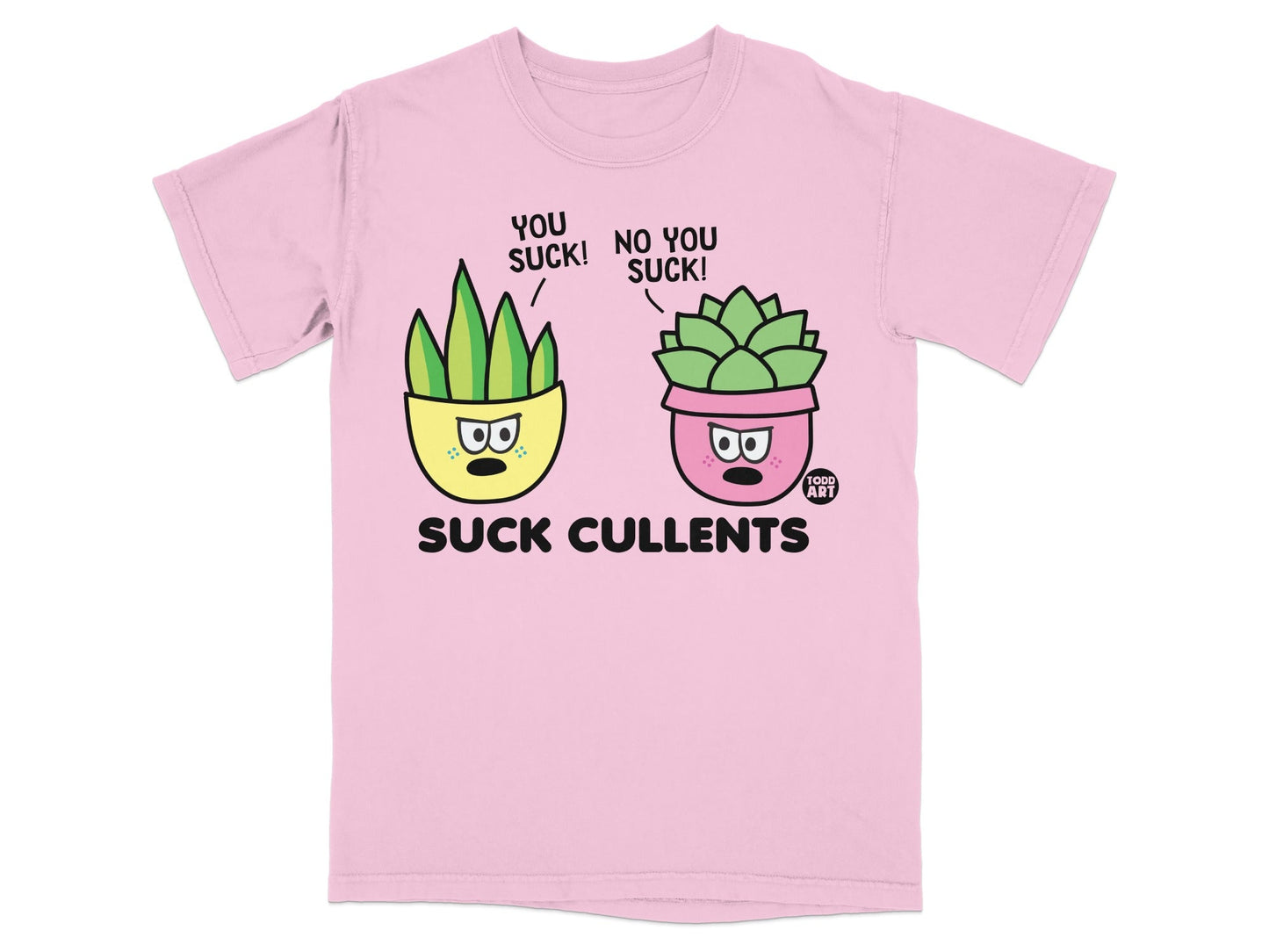 Two potted succulents with faces saying "You suck!" and "No you suck!"