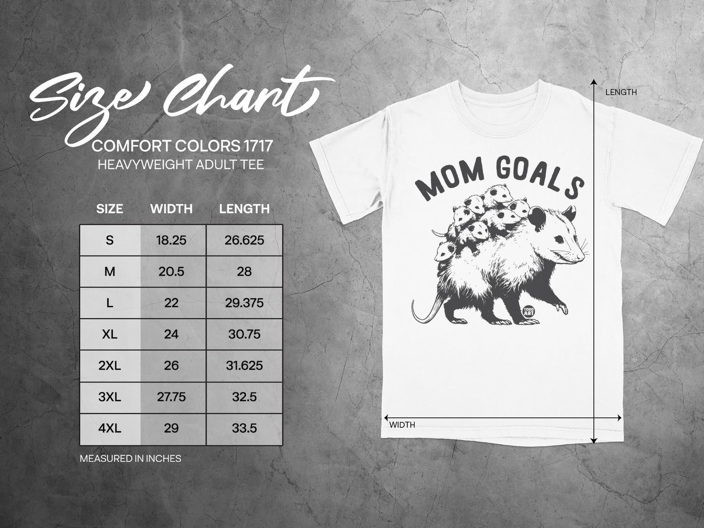 Size chart for Comfort Colors 1717 heavyweight adult tee with Mom Goals design.