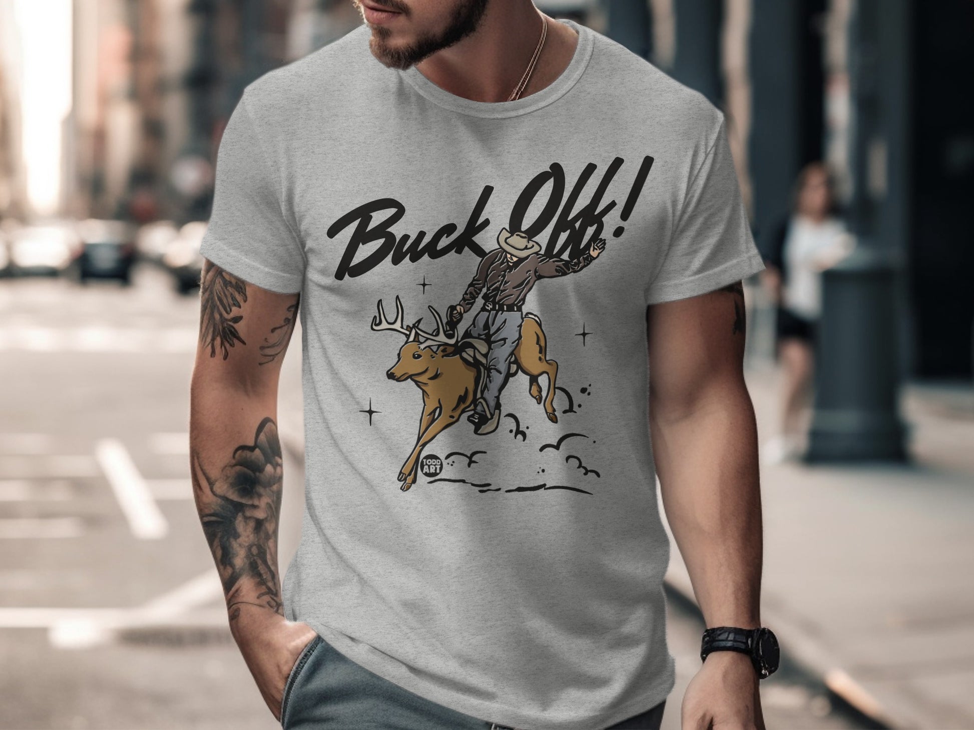 Buck Off Cowboy Riding Deer Graphic T-Shirt