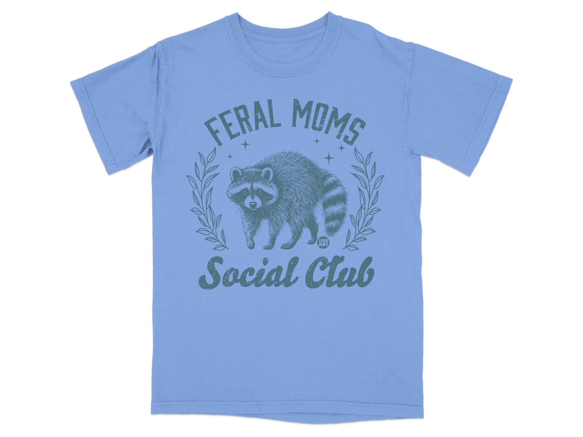 Blue t-shirt with raccoon graphic and "FERAL MOMS SOCIAL CLUB" text.