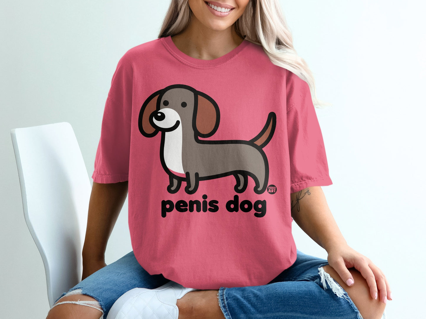 Cute Cartoon Penis Dog Pink T-Shirt for Fun Lovers