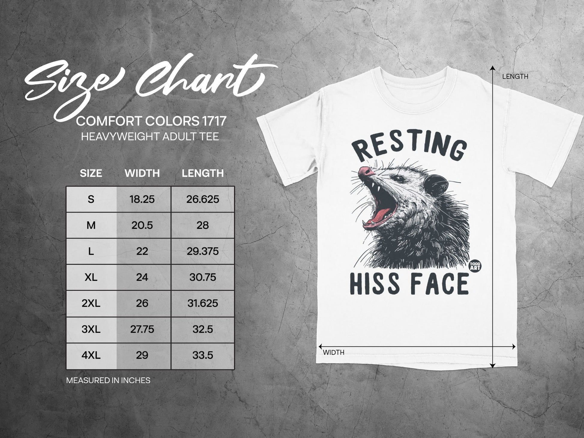 Size chart for Comfort Colors 1717 heavyweight adult tee, with measurements.