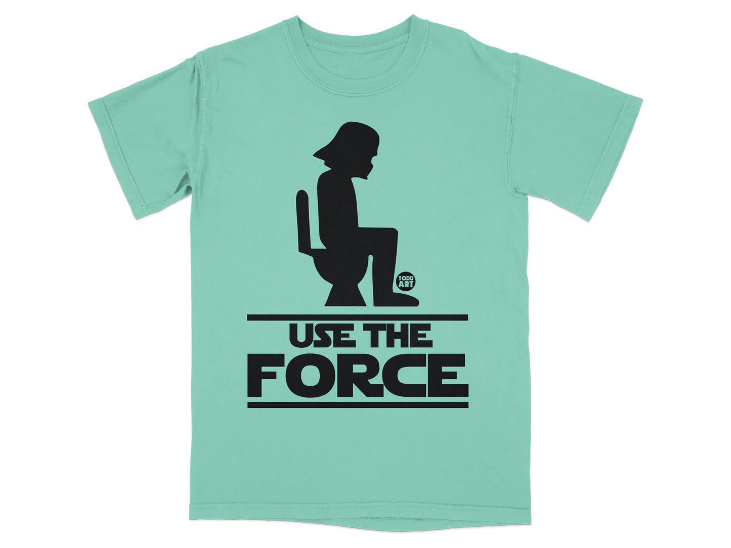 Mint green t-shirt with Darth Vader on toilet and "USE THE FORCE" text.