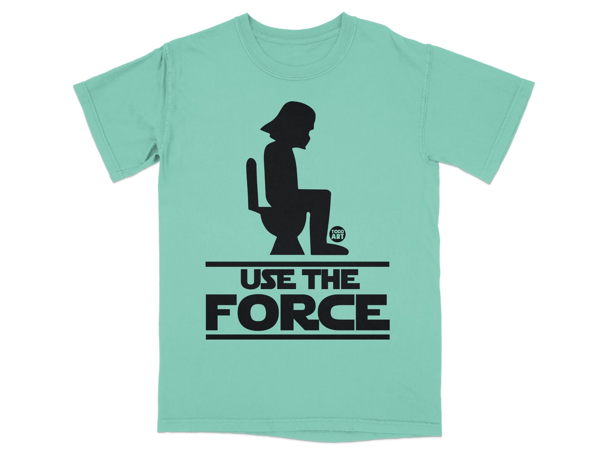 Mint green t-shirt with Darth Vader on toilet and "USE THE FORCE" text.