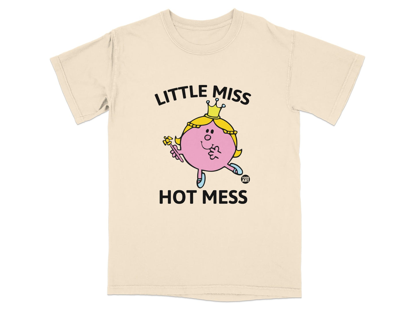 Little Miss Hot Mess cartoon character on a cream t-shirt.