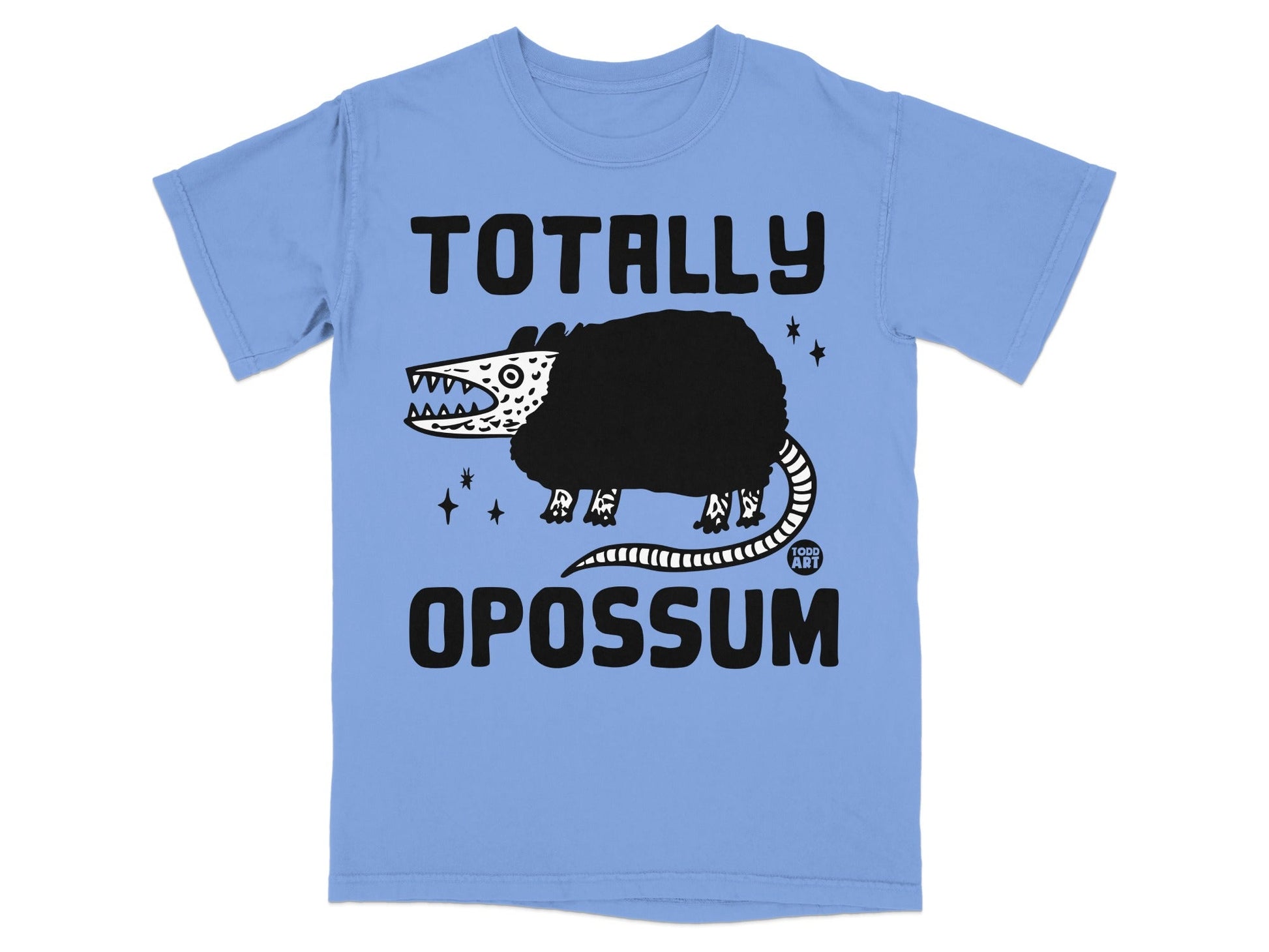 Light blue t-shirt with black possum illustration and "TOTALLY OPOSSUM" text.