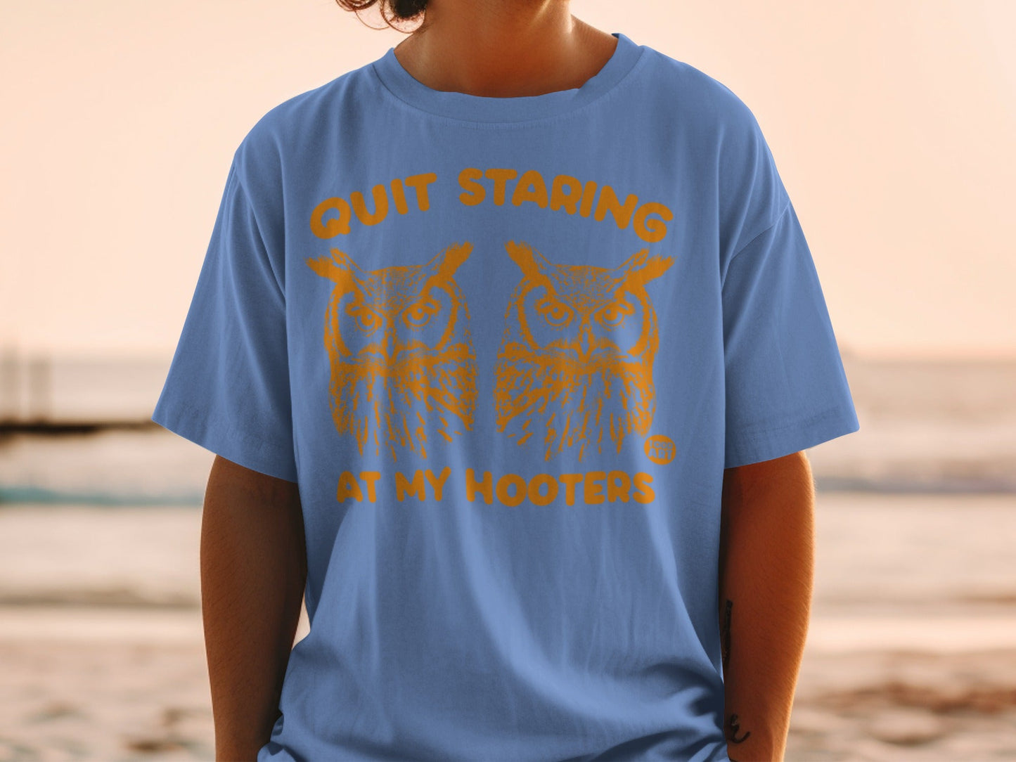 Blue t-shirt with orange graphic of two owls and text "Quit Staring At My Hooters".