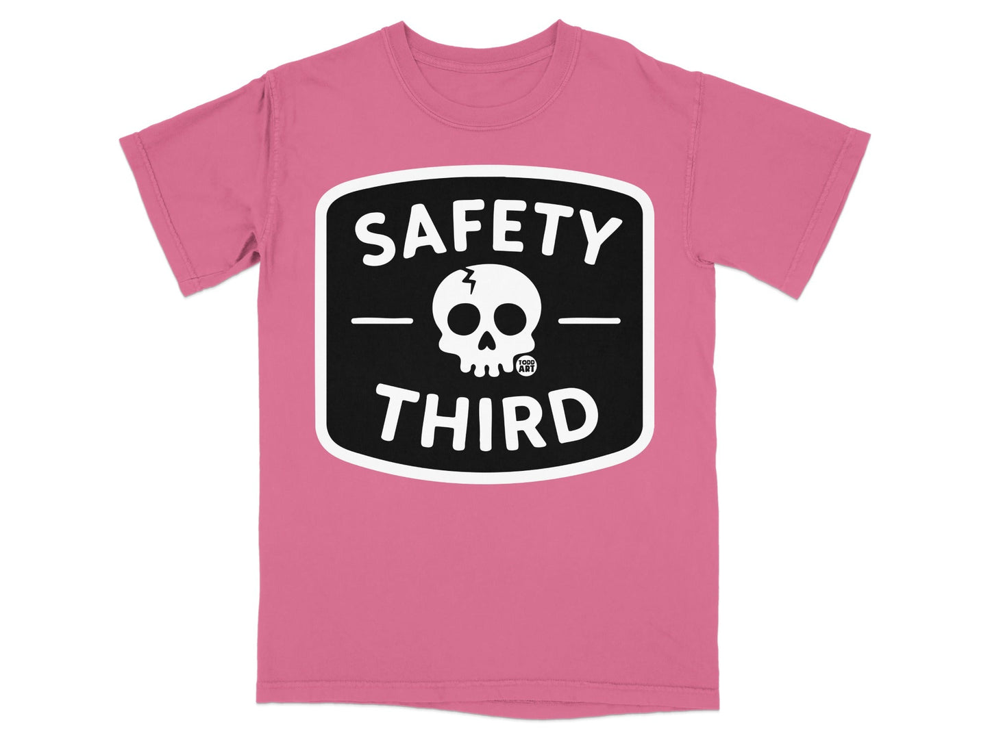 Pink t-shirt with black "SAFETY THIRD" logo and skull graphic.