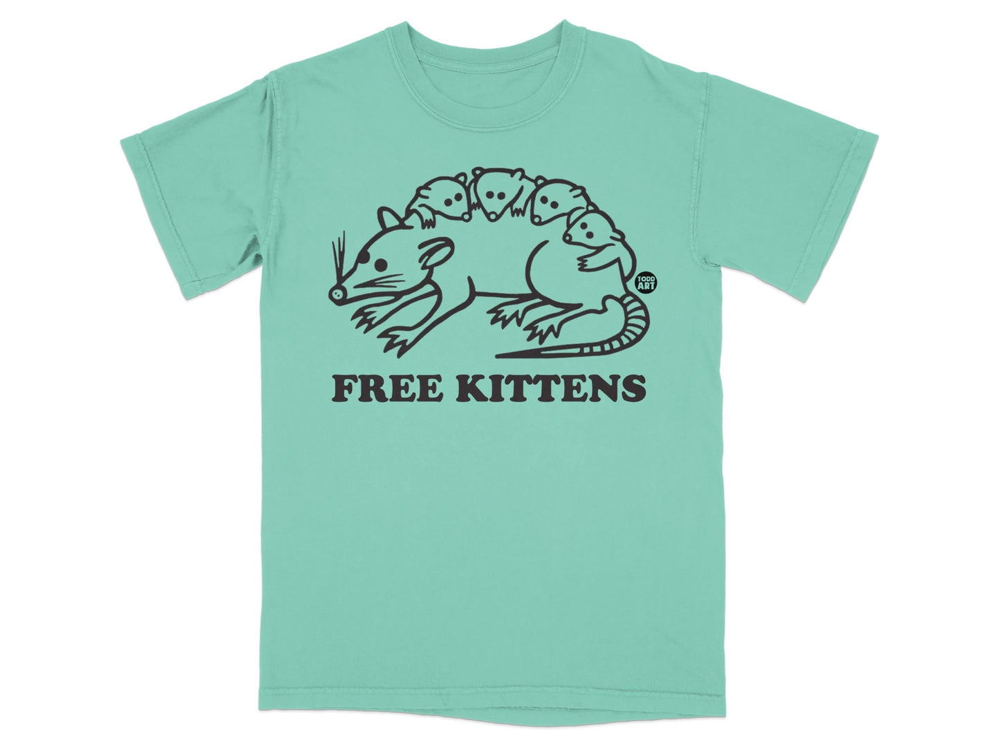 Teal t-shirt with graphic of a possum carrying kittens and text "FREE KITTENS".