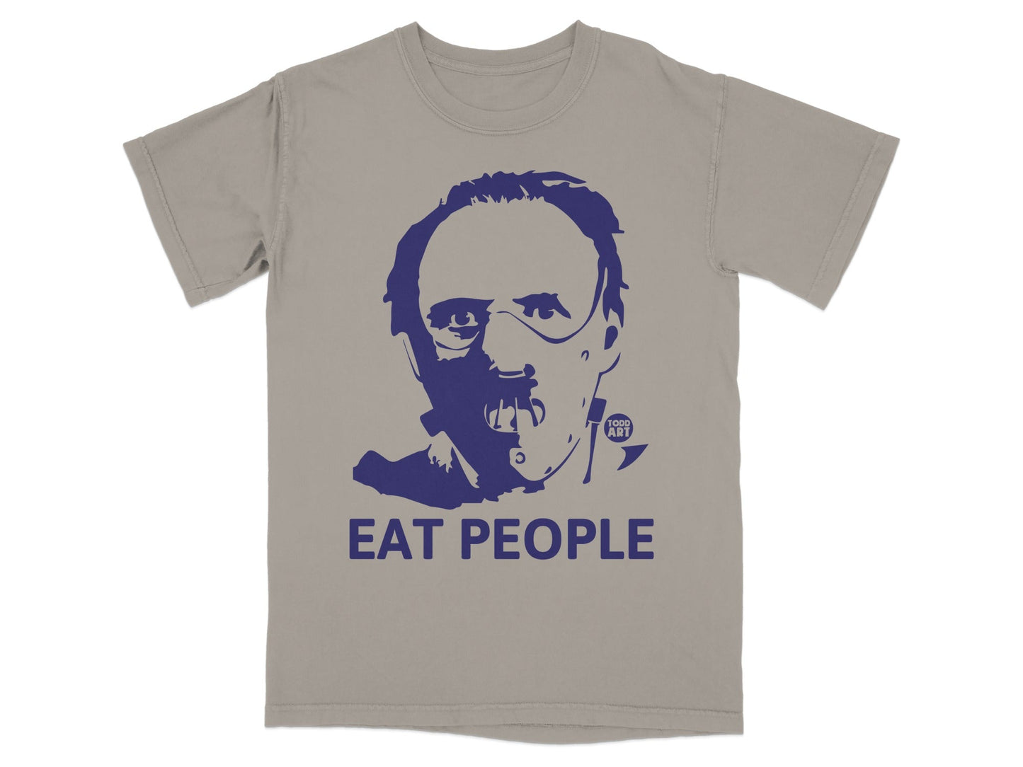 T-shirt with blue graphic of Hannibal Lecter in mask, "EAT PEOPLE" text.
