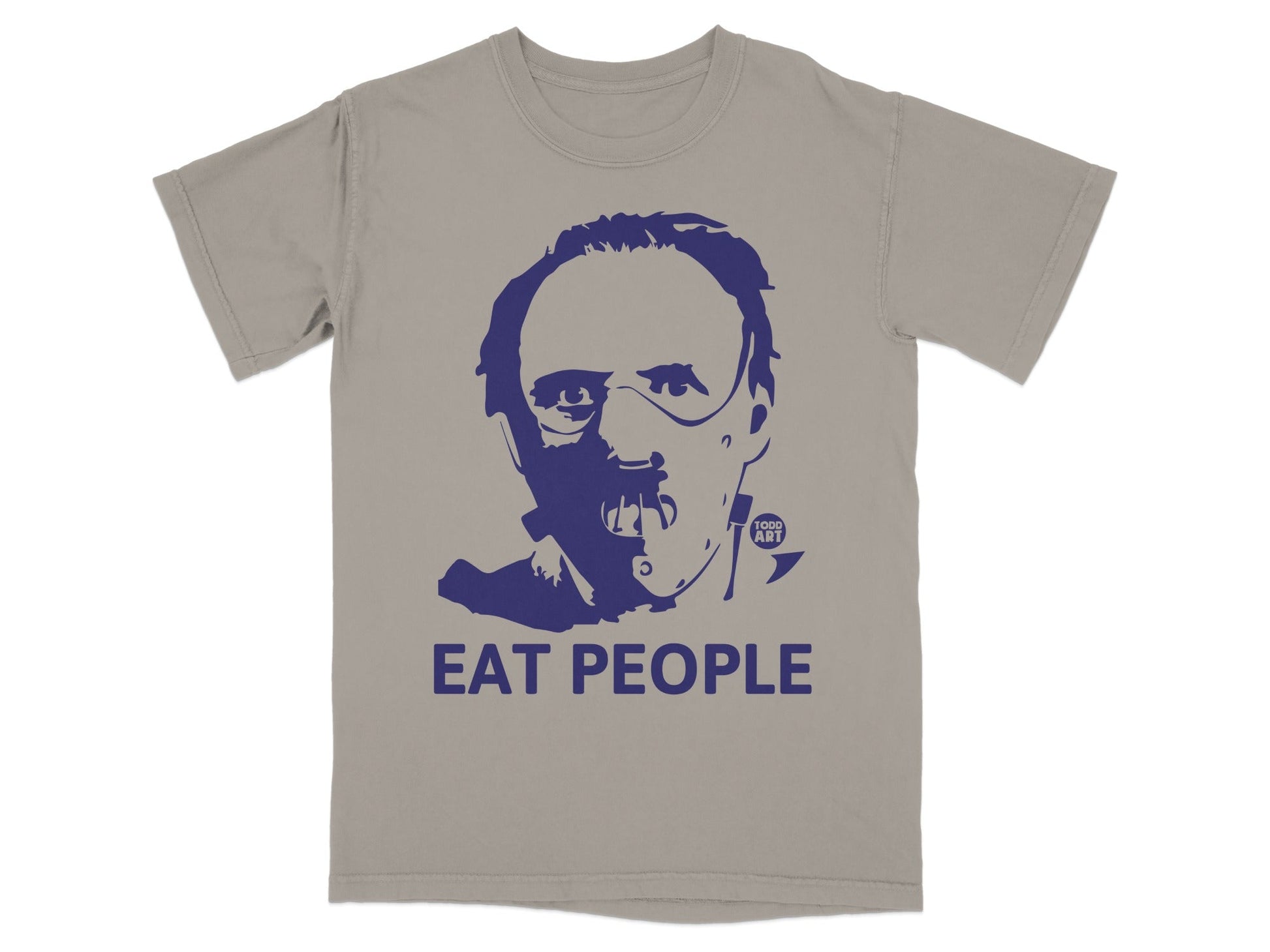 T-shirt with blue graphic of Hannibal Lecter in mask, "EAT PEOPLE" text.