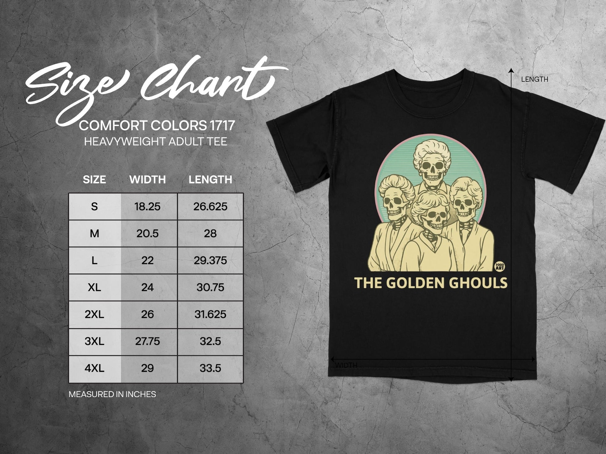 Comfort Colors 1717 size chart for Golden Ghouls heavyweight adult tee.