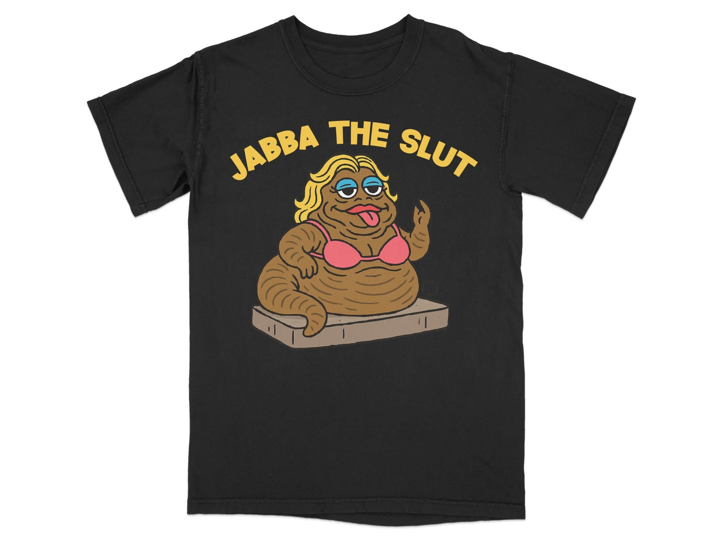 Black t-shirt with "JABBA THE SLUT" text and a cartoon of Jabba the Hutt in a bikini.