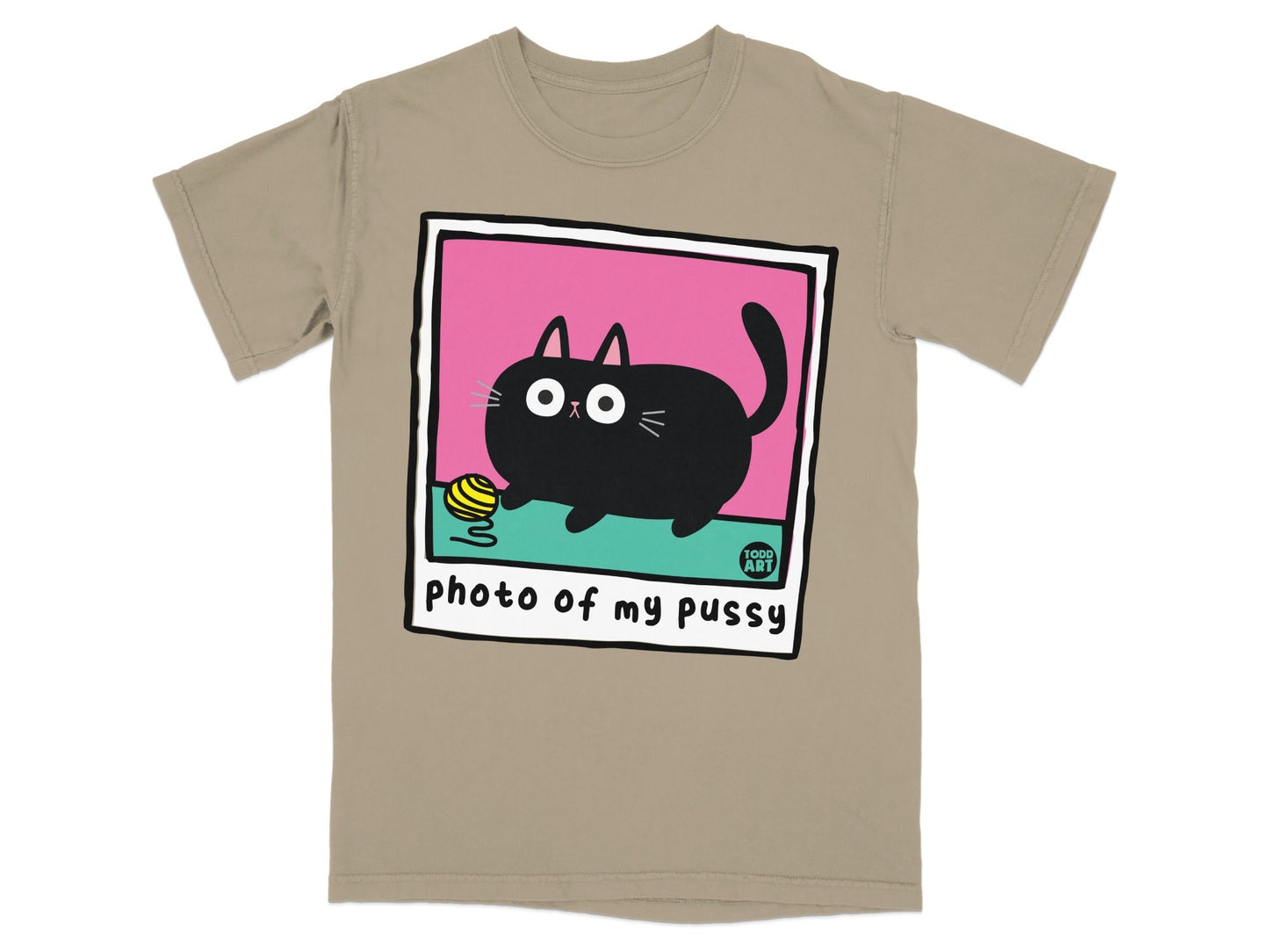 Black cat with yarn on t-shirt, "photo of my pussy" text.