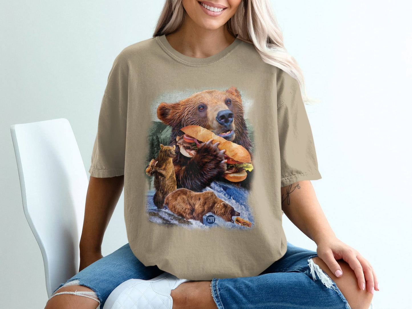 Bear Eating Burger Graphic Tee Shirt for Casual Wear
