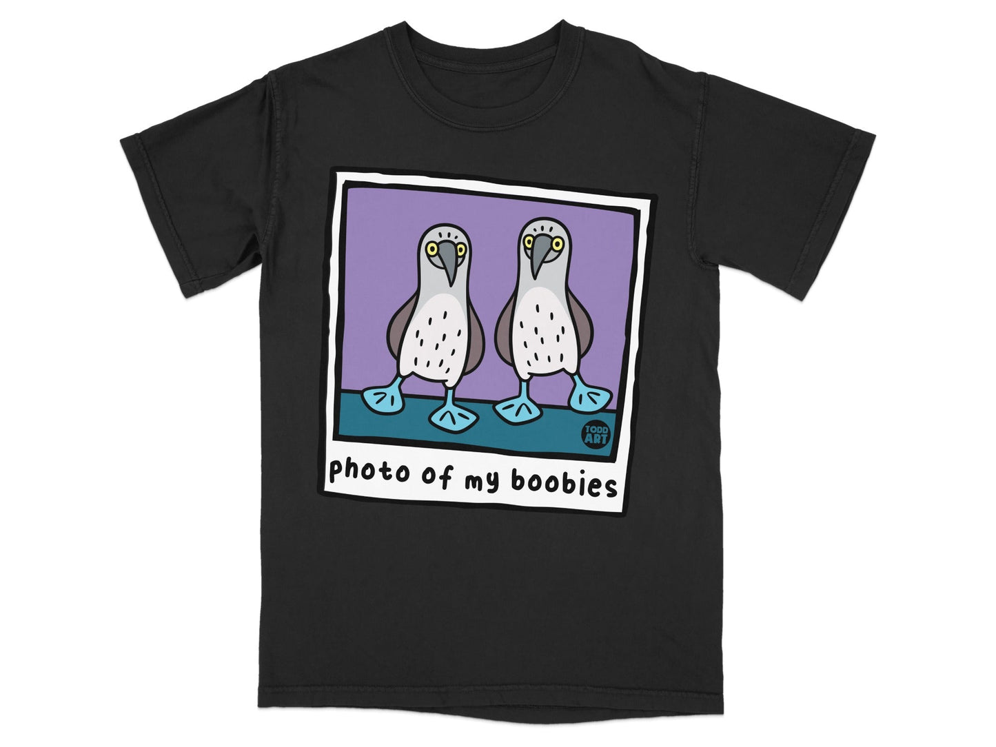 Black t-shirt featuring a polaroid with two blue-footed boobies and text.