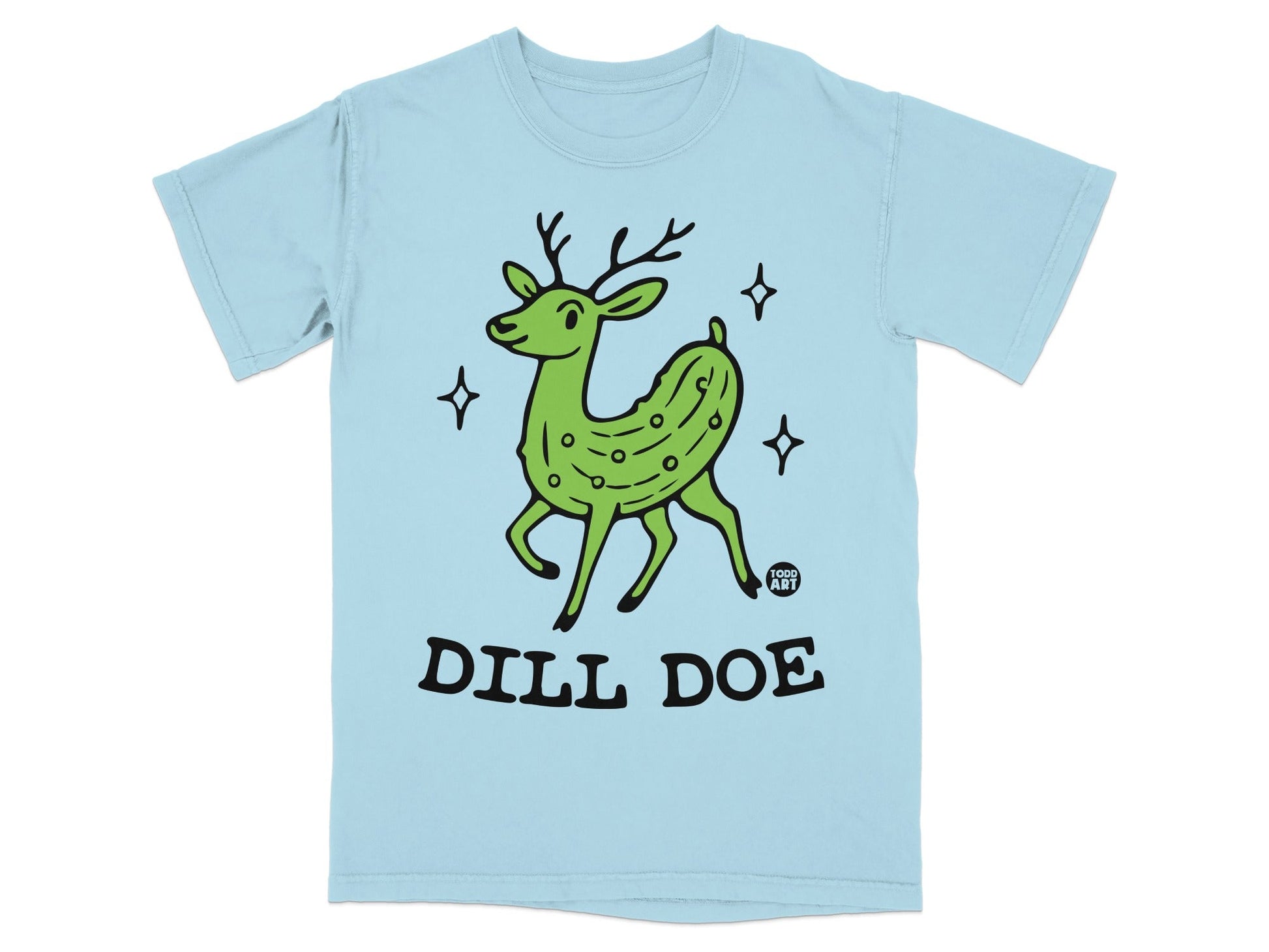 Light blue t-shirt with a green dill pickle deer and "DILL DOE" text.