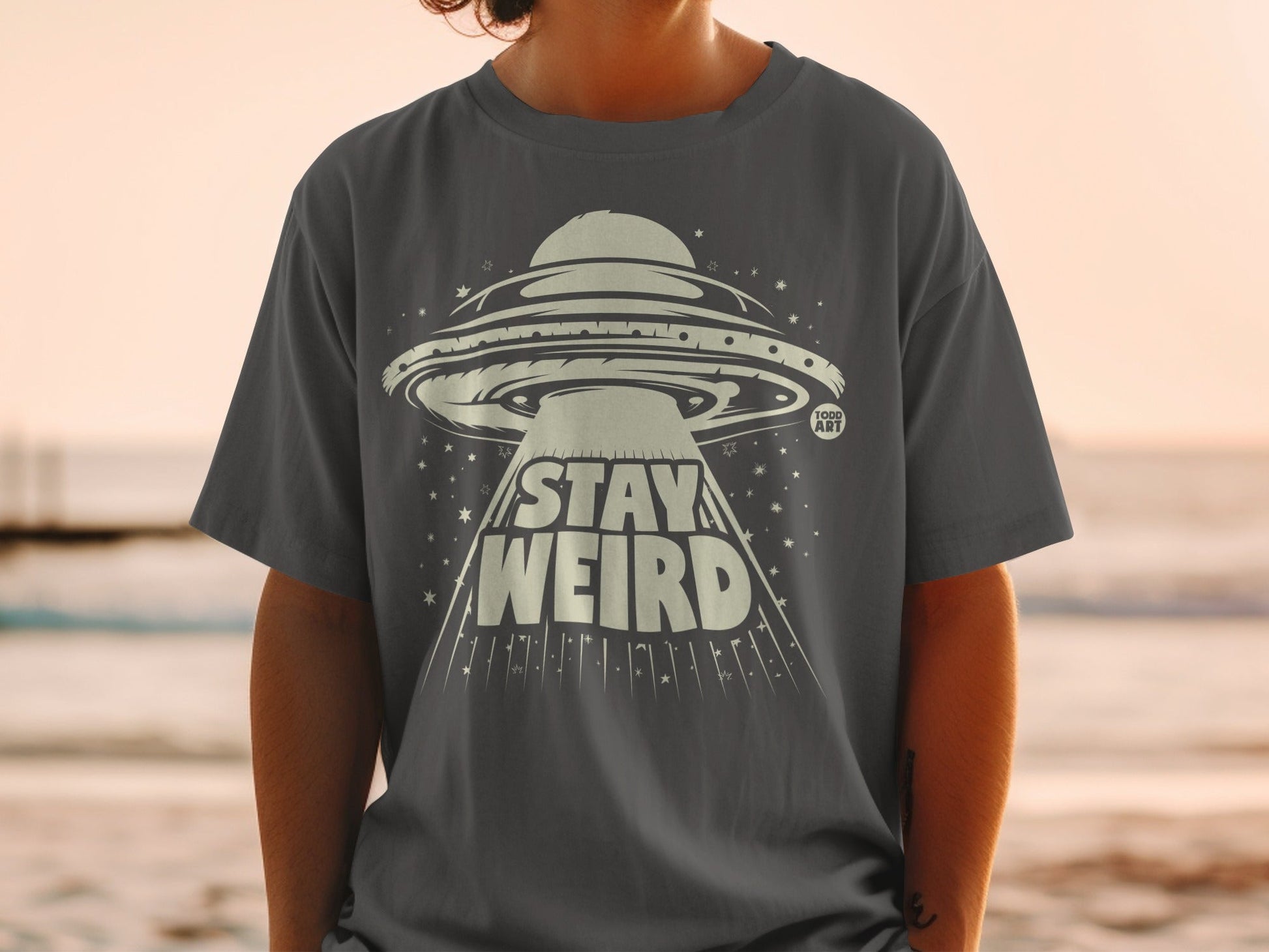 Stay Weird UFO Artwork T-Shirt Cool Casual Tee