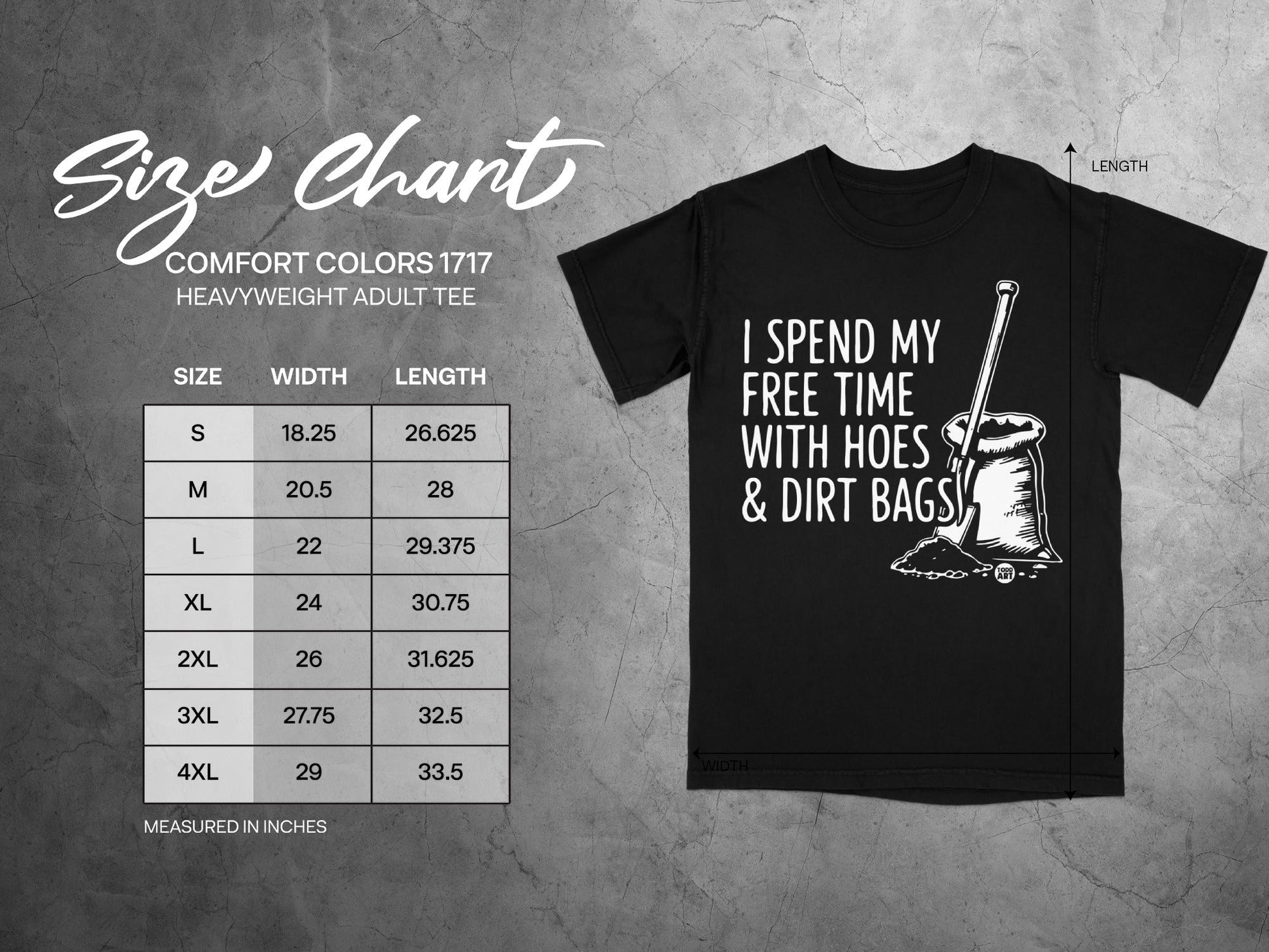 Size chart for Comfort Colors 1717 heavyweight adult tee.