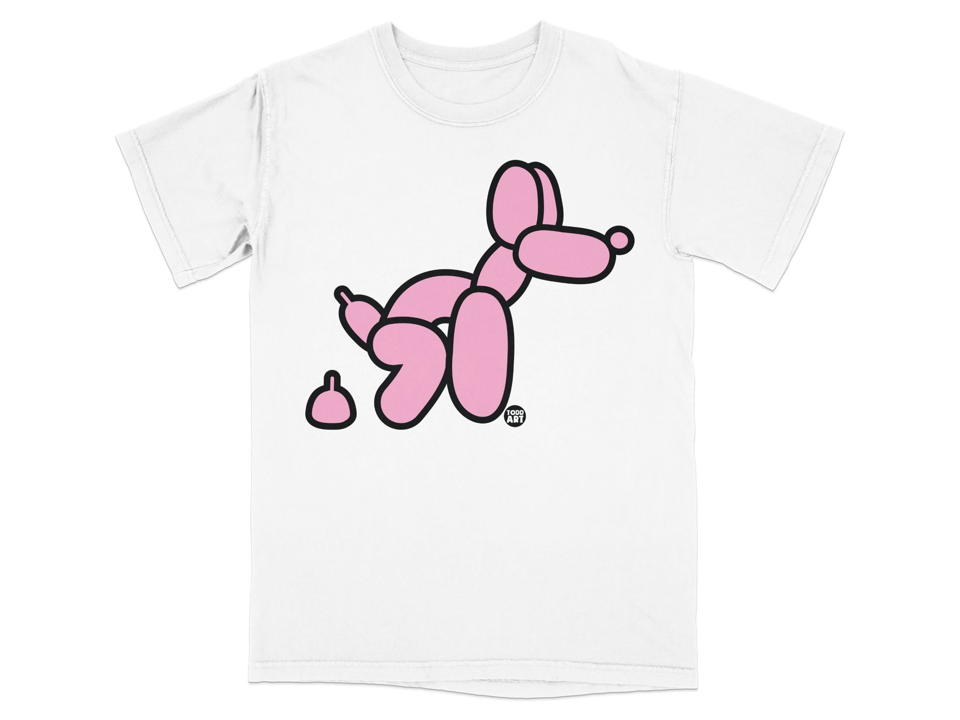 White t-shirt with a pink balloon dog and a small balloon pile.