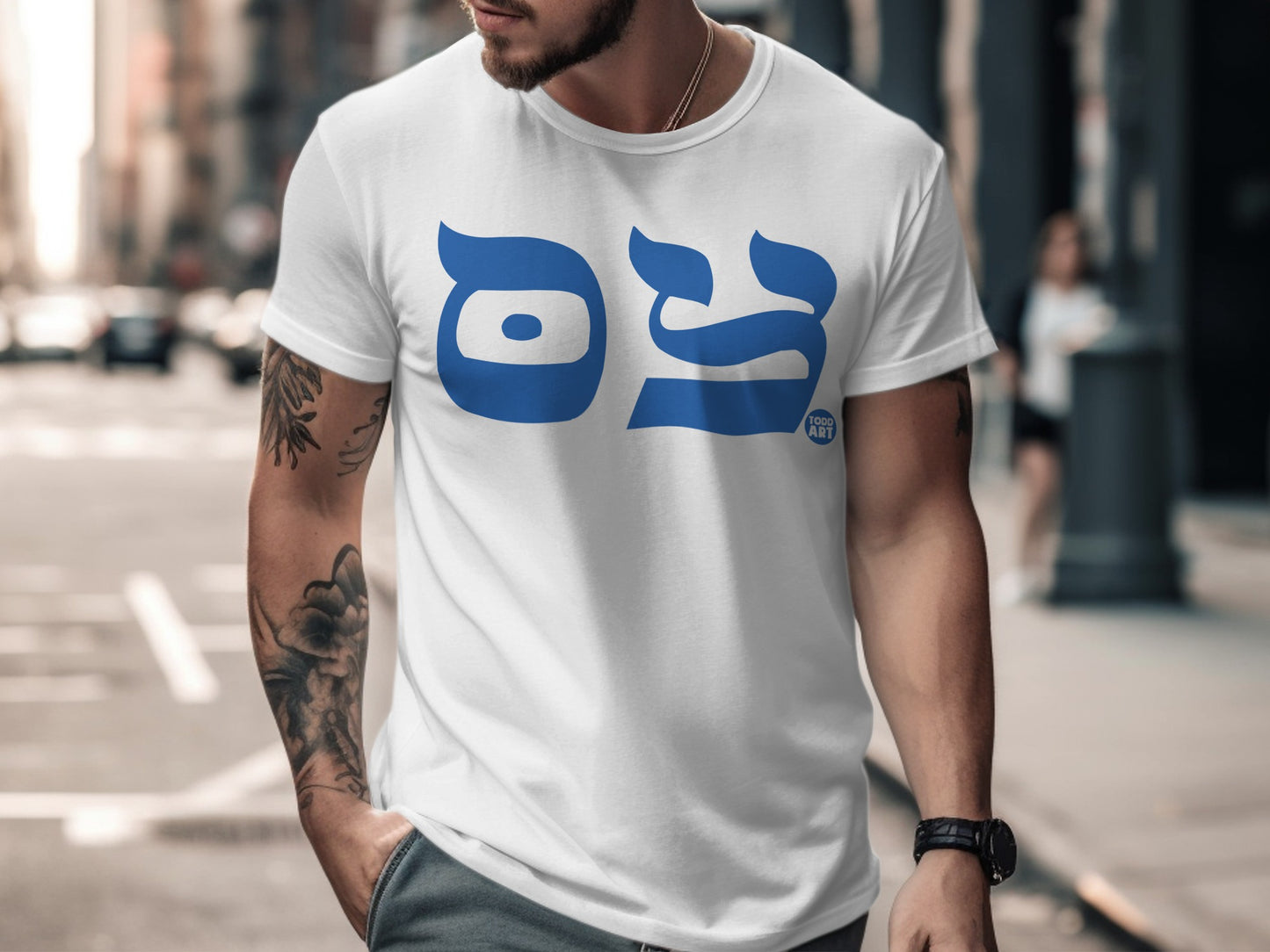 Stylish White T-Shirt with Unique Blue Graphic Design