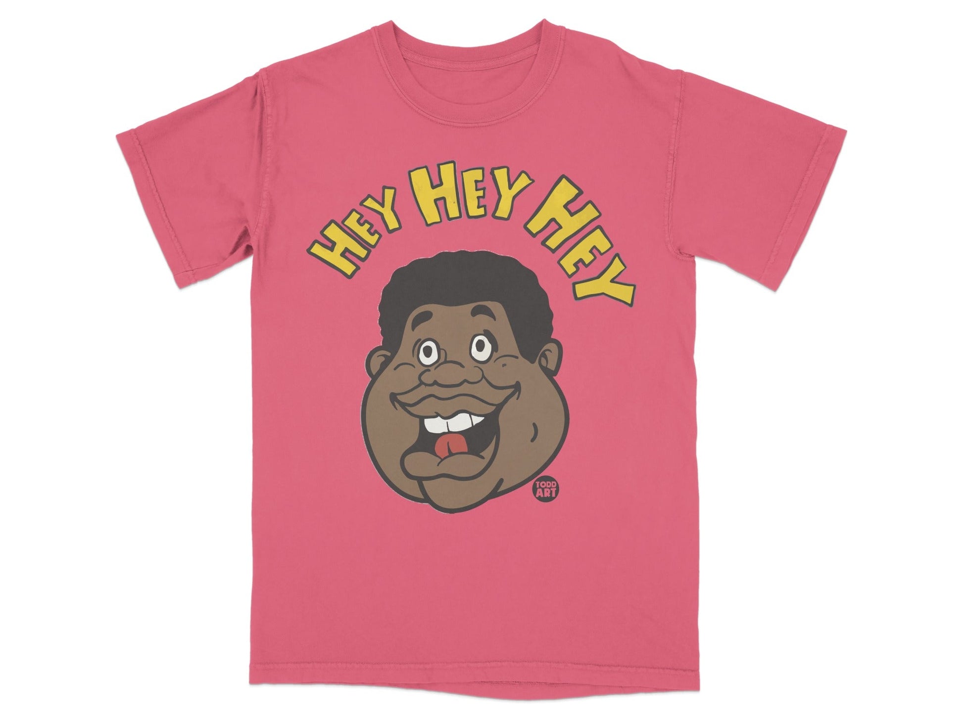 Pink t-shirt with cartoon face and "HEY HEY HEY" text.