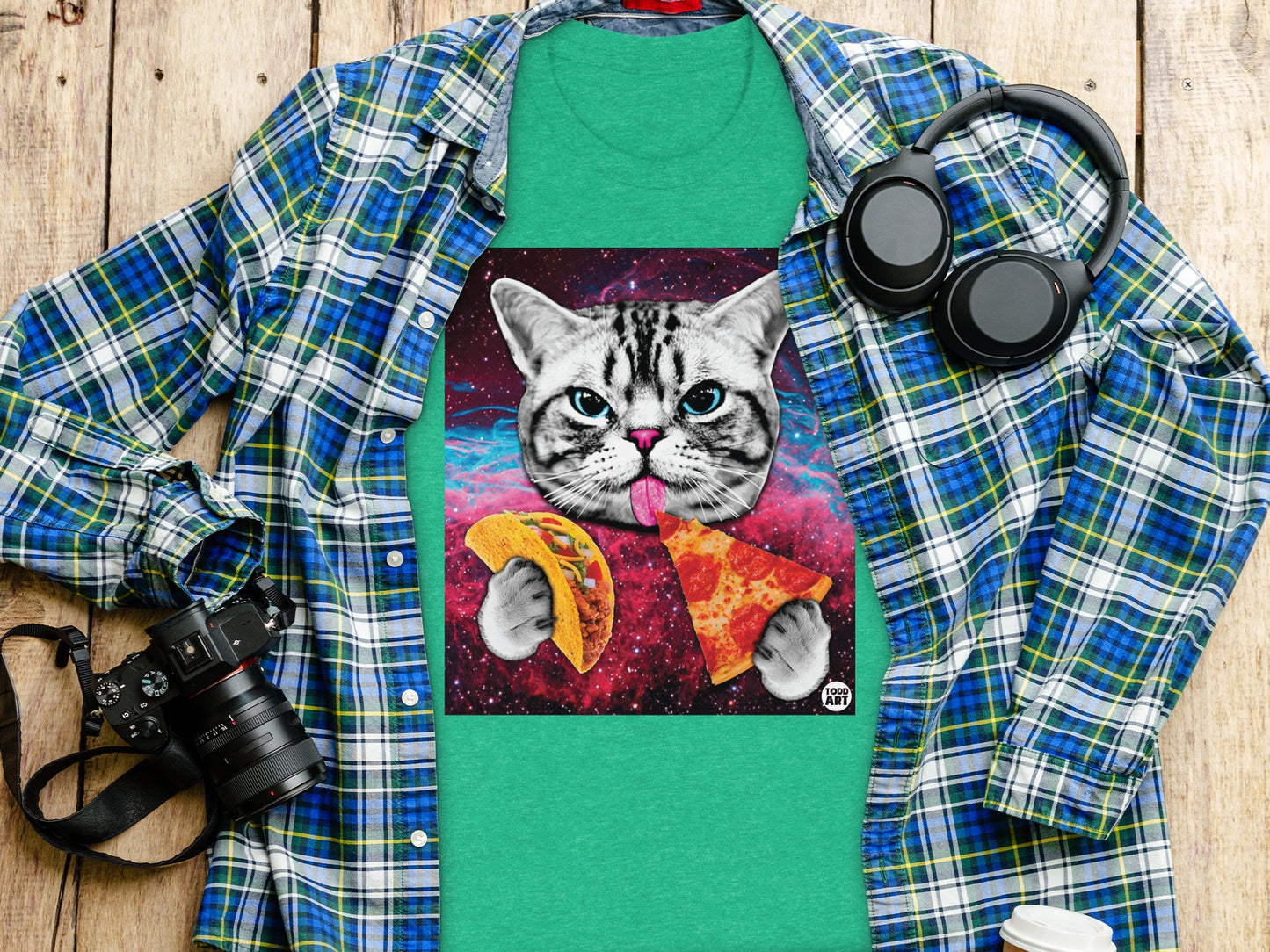 Cat Eating Pizza and Taco Graphic T-Shirt Product
