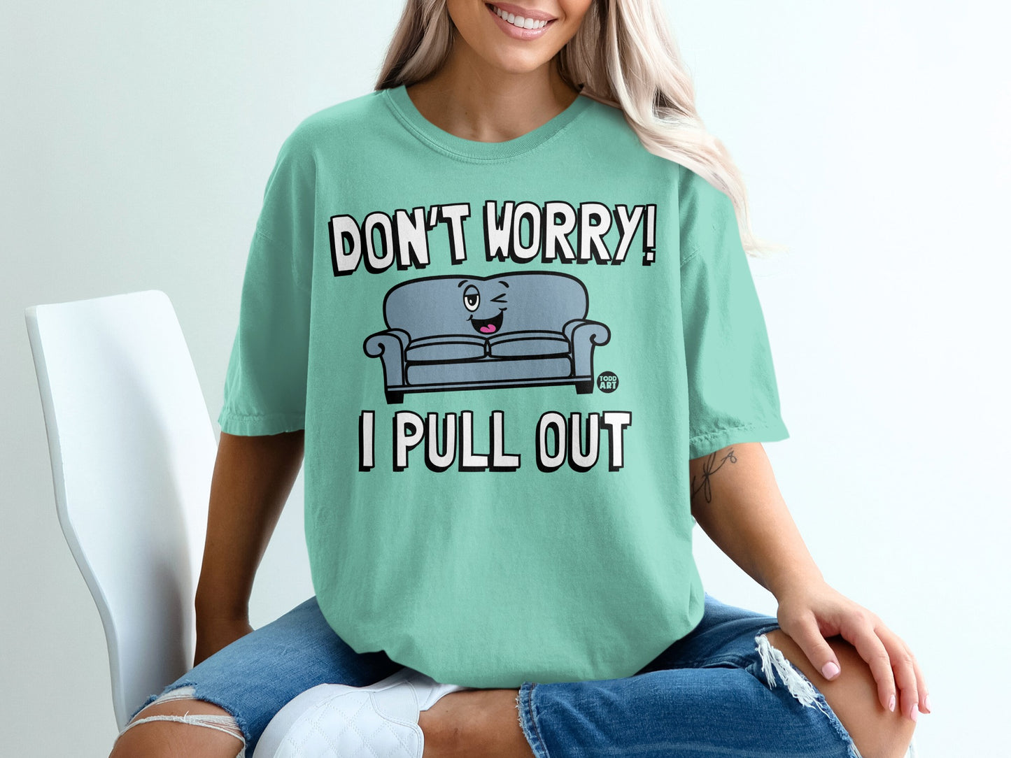 DON'T WORRY! I PULL OUT Winking Sofa Funny Tee product type