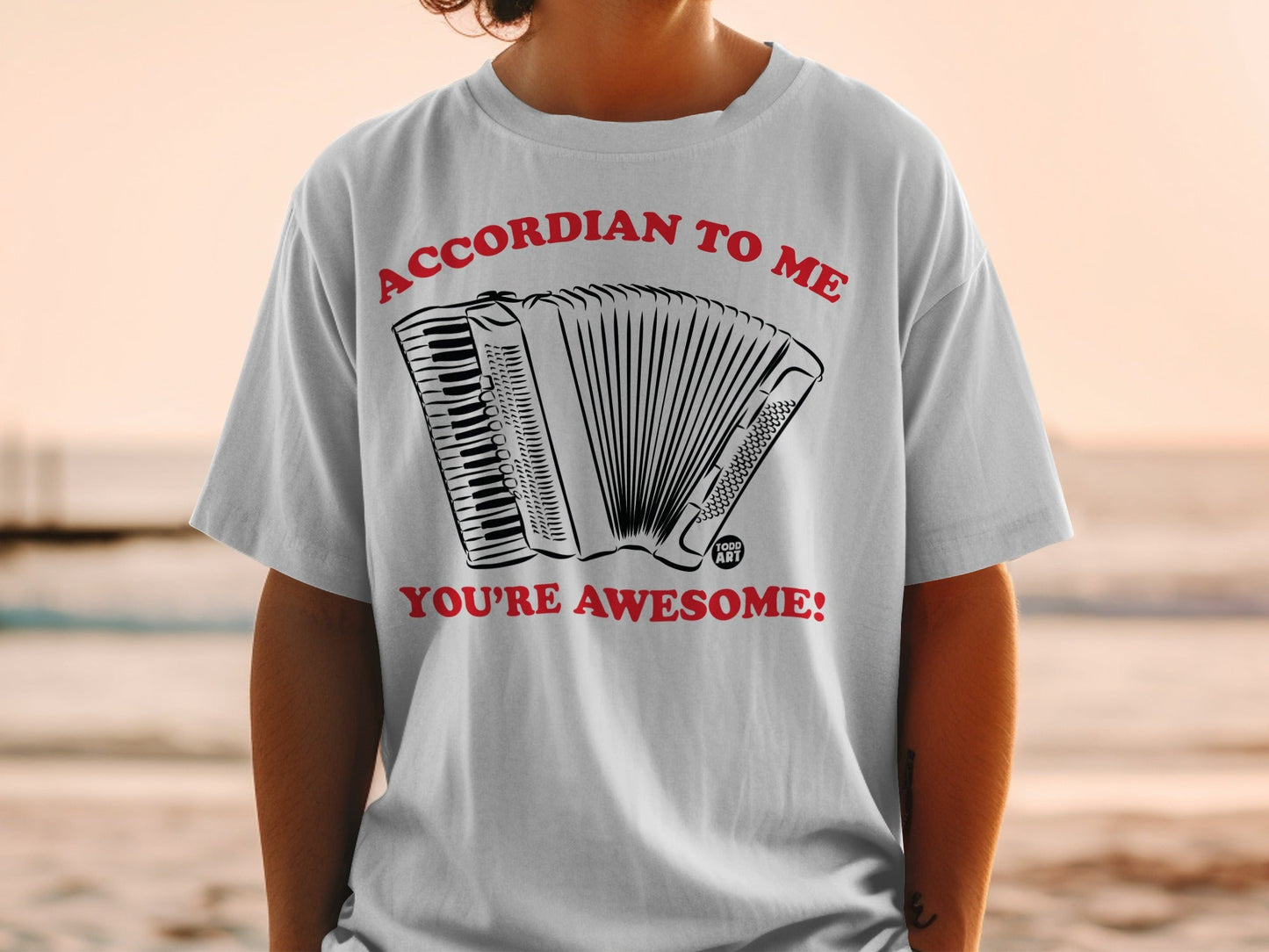 White t-shirt with accordion graphic and text: "ACCORDIAN TO ME YOU'RE AWESOME!"