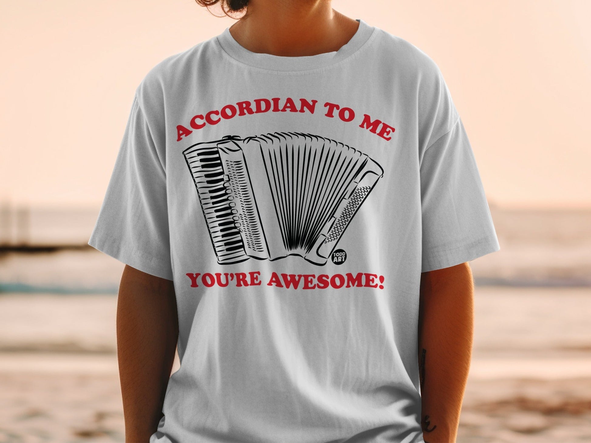 White t-shirt with accordion graphic and text: "ACCORDIAN TO ME YOU'RE AWESOME!"