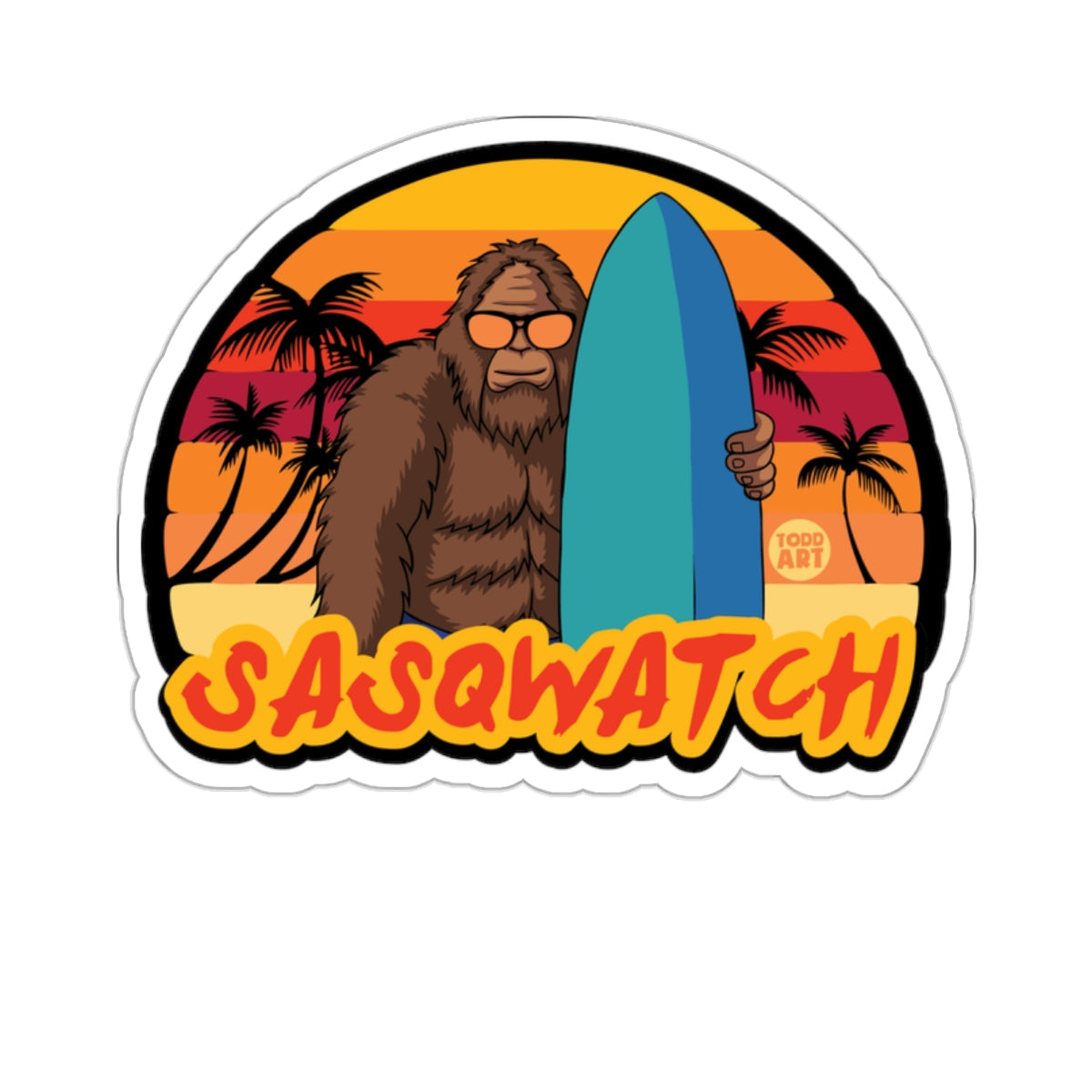 Sasquatch Surfing Retro Sunset Design Sticker