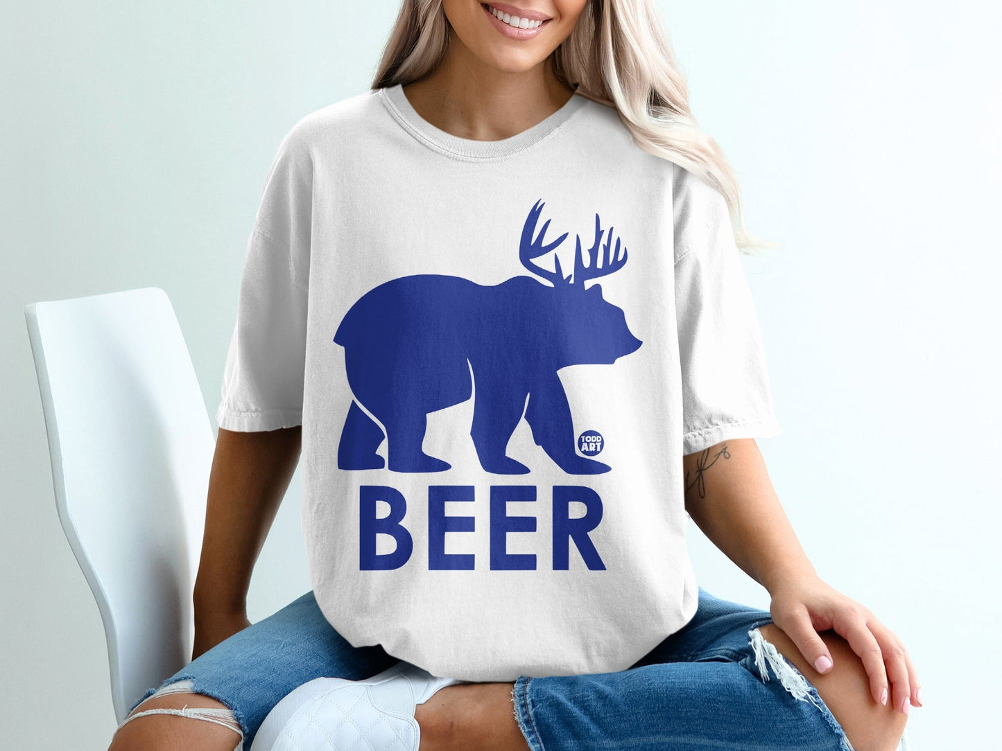 Funny Blue Bear Patterned BEER Logo Graphic Design Shirt