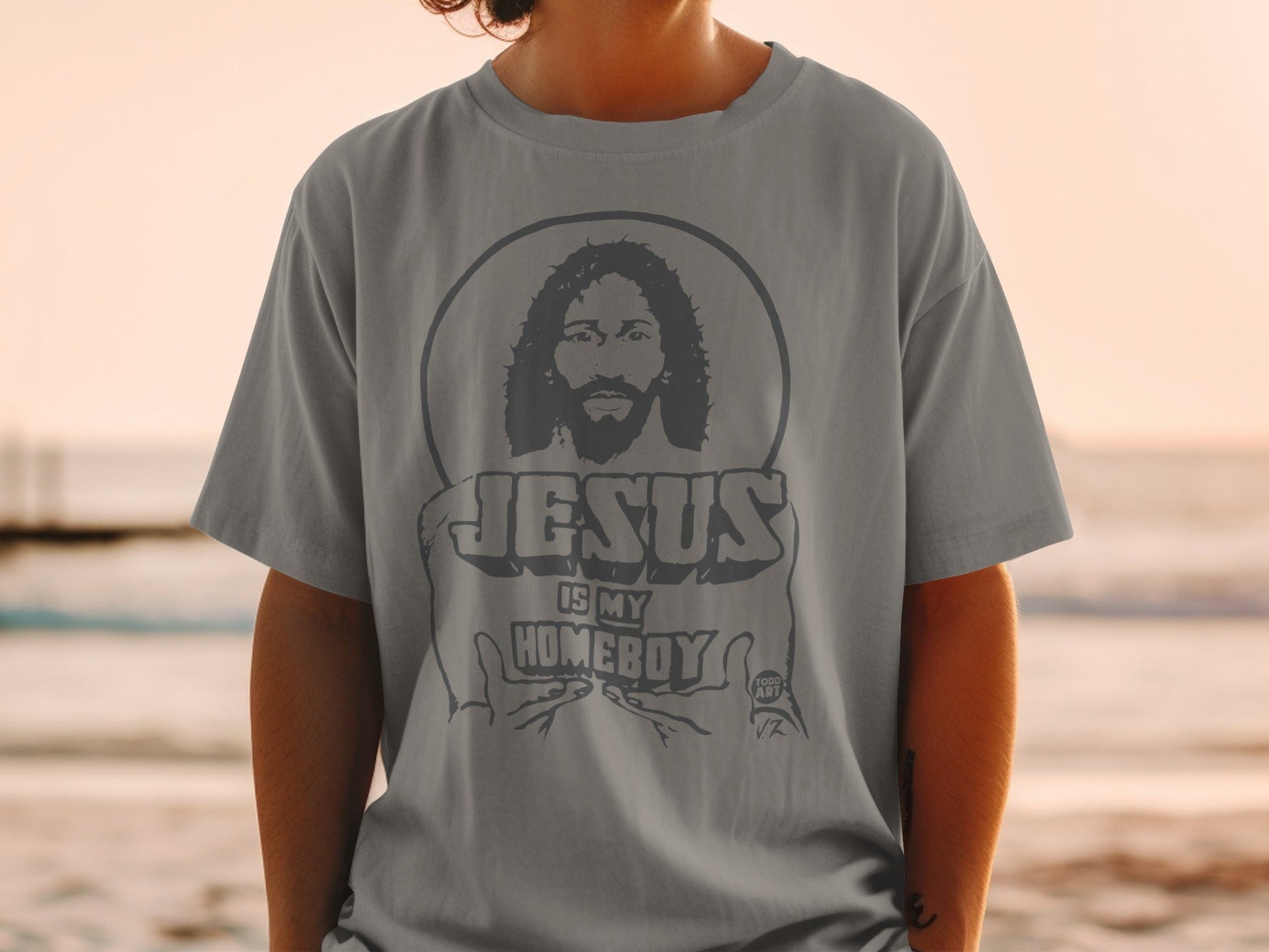 Grey t-shirt with Jesus graphic and "Jesus is my homeboy" text.