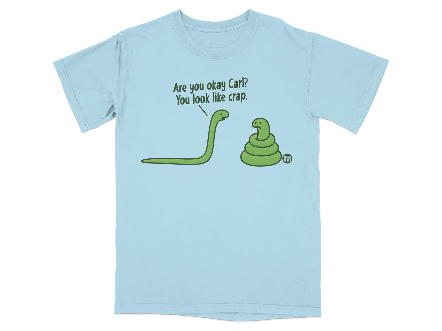 Light blue t-shirt with two cartoon snakes, one asking "Are you okay Carl?".