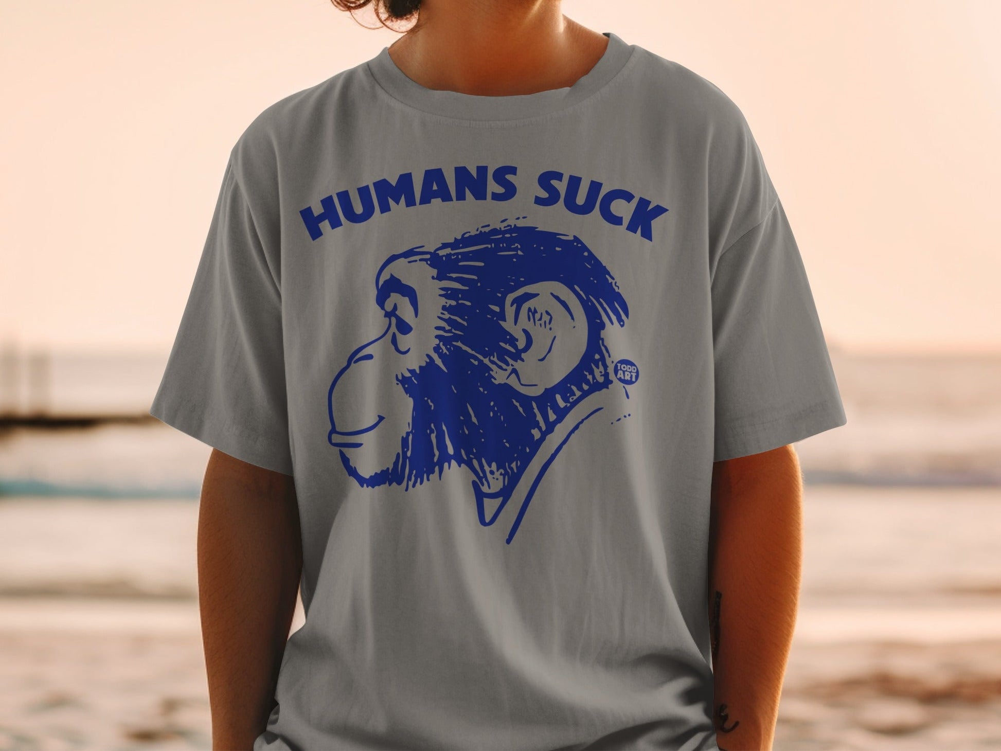 Grey t-shirt with blue ape graphic and "HUMANS SUCK" text.