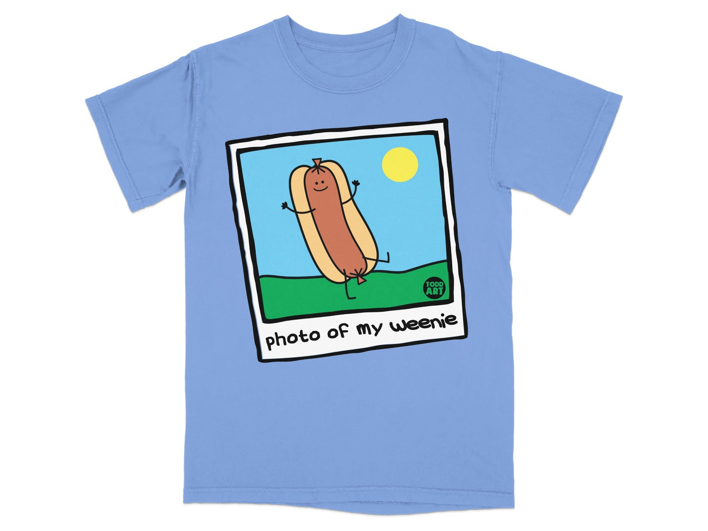 T-shirt with a cartoon hot dog on a sunny day, "photo of my weenie" text.