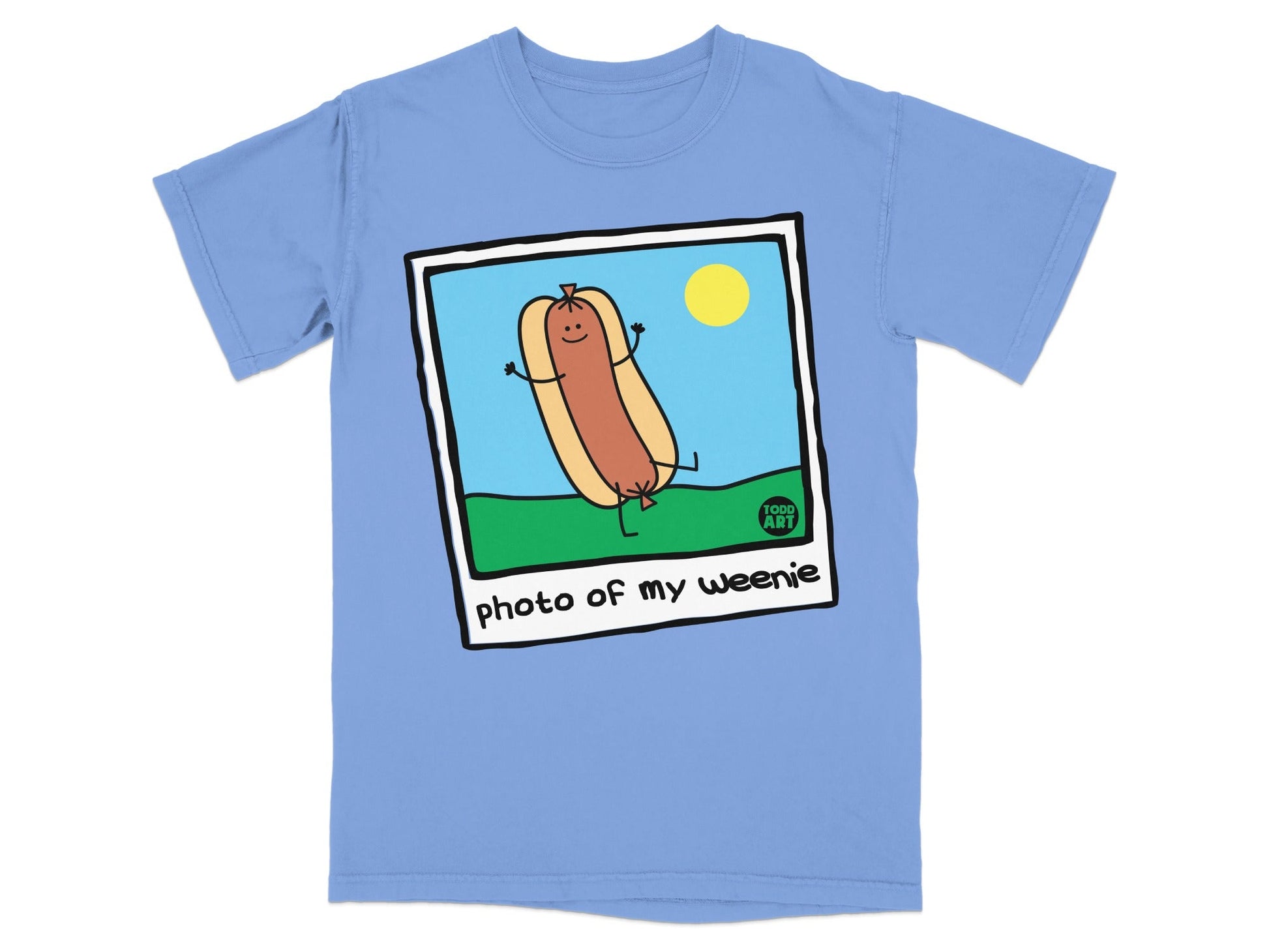 T-shirt with a cartoon hot dog on a sunny day, "photo of my weenie" text.