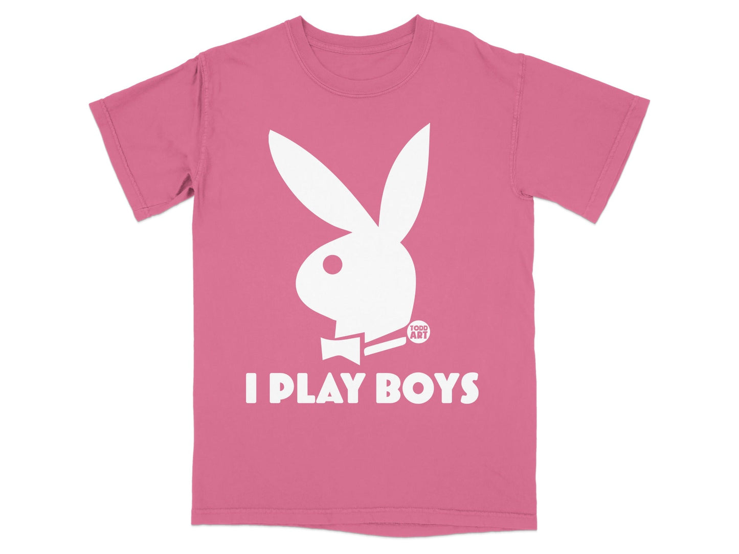Pink t-shirt with white "I PLAY BOYS" text and Playboy bunny logo.