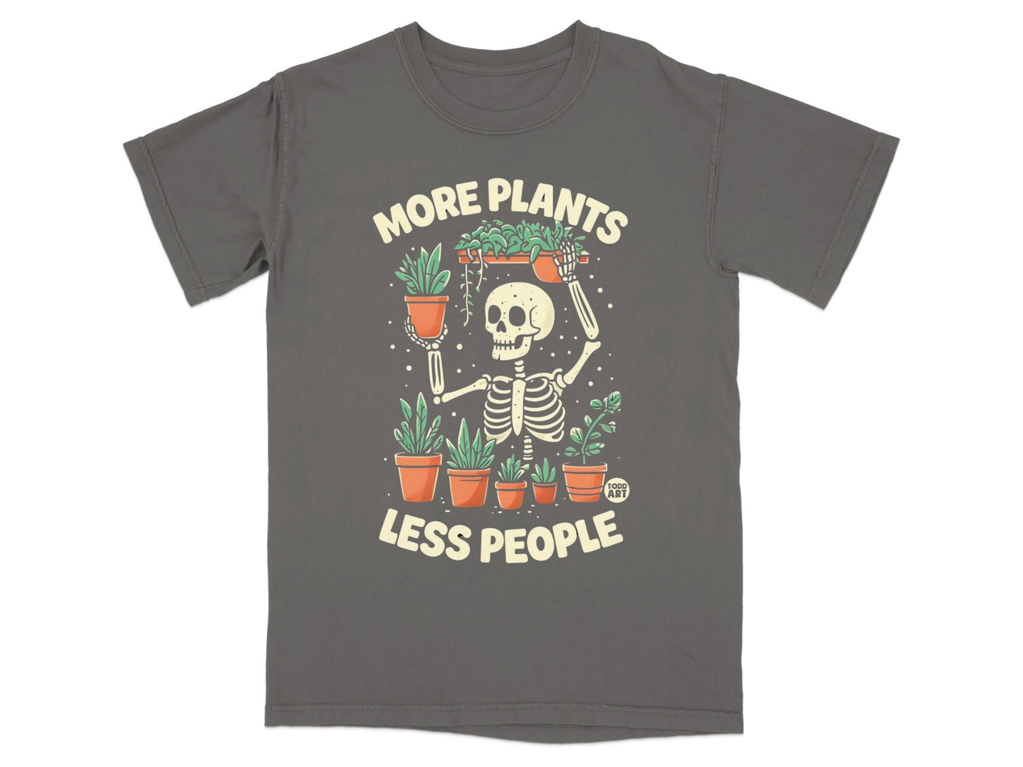 Skeleton holding potted plants, text "MORE PLANTS LESS PEOPLE"