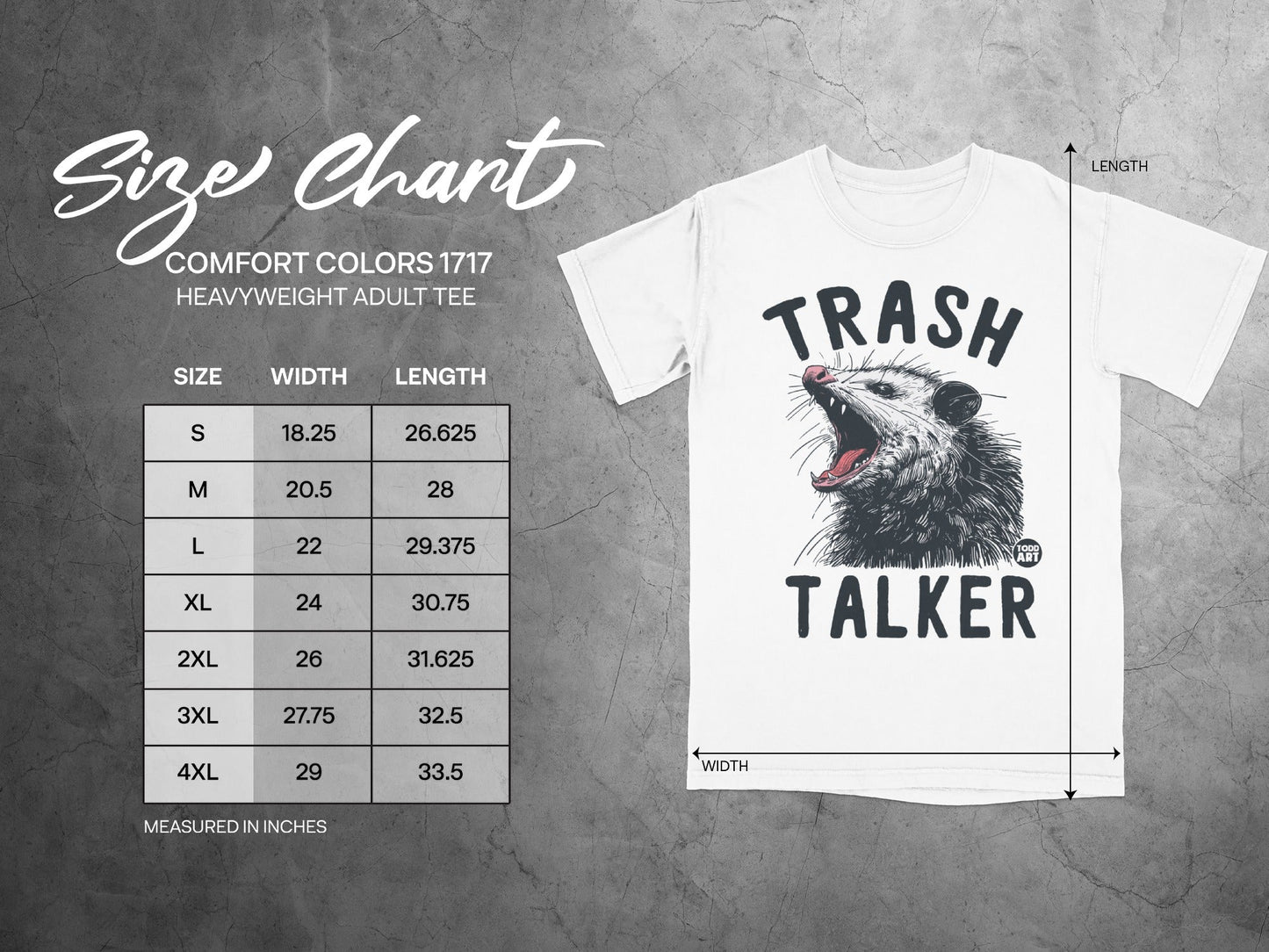 Comfort Colors 1717 adult t-shirt size chart with "Trash Talker" graphic.