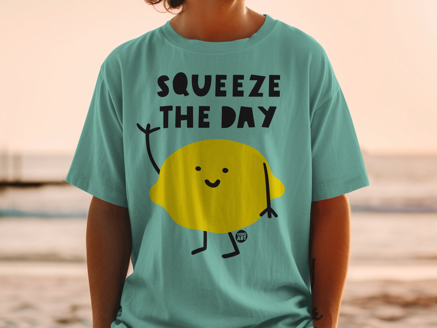 Teal SQUEEZE THE DAY Lemon Character Graphic shirt product type
