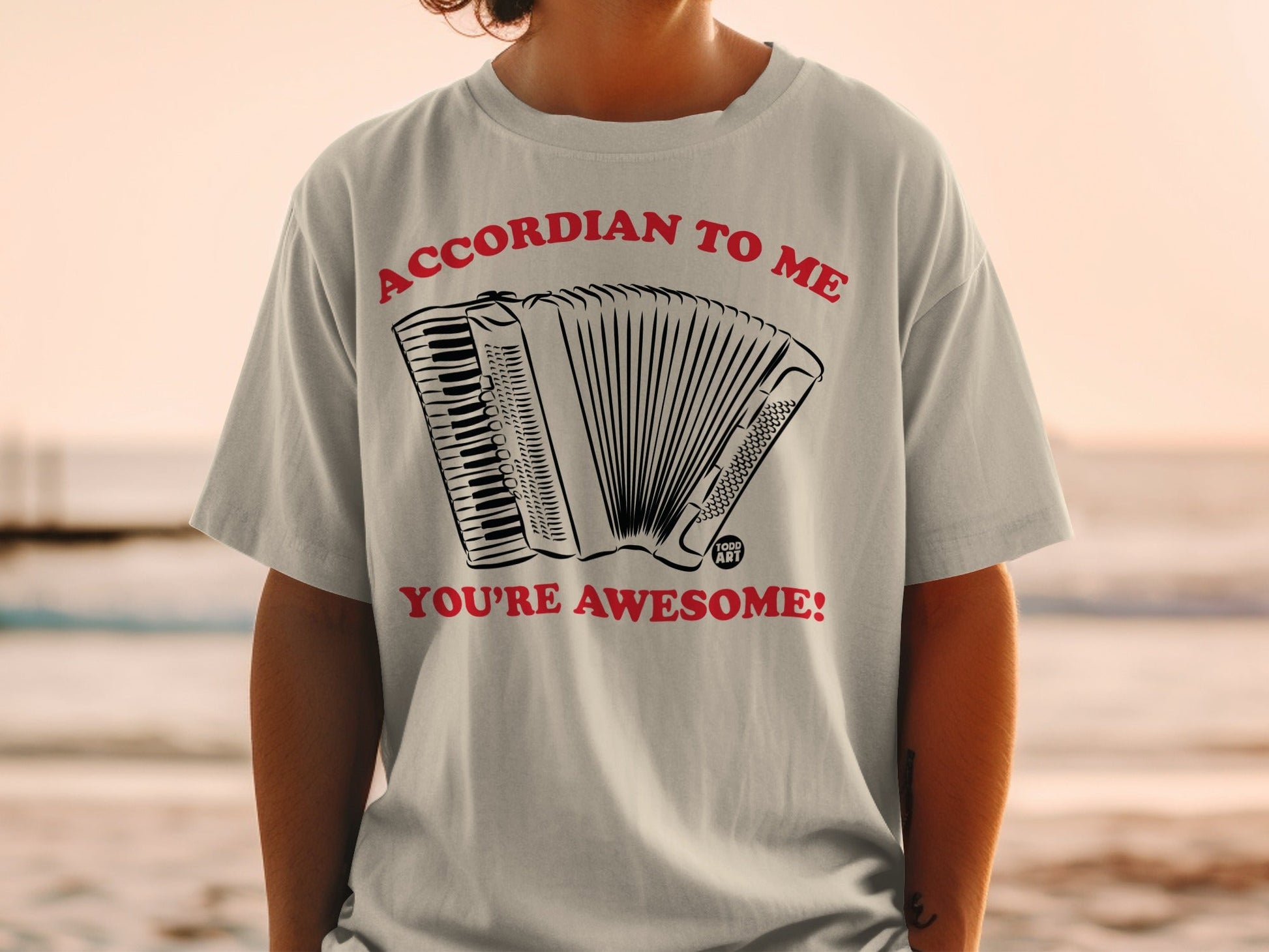 Accordion graphic with text "ACCORDIAN TO ME YOU'RE AWESOME!" on a light t-shirt.