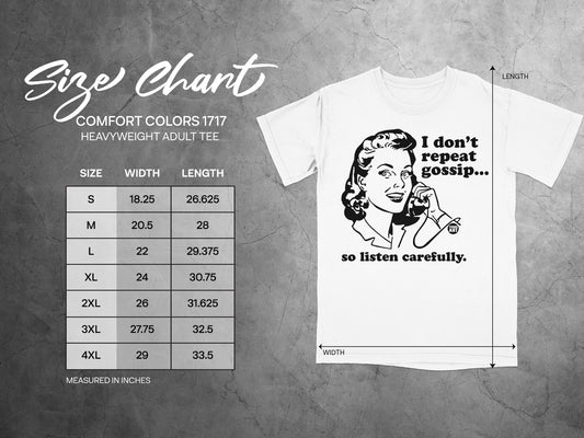 Comfort Colors 1717 heavyweight adult tee size chart with measurements.