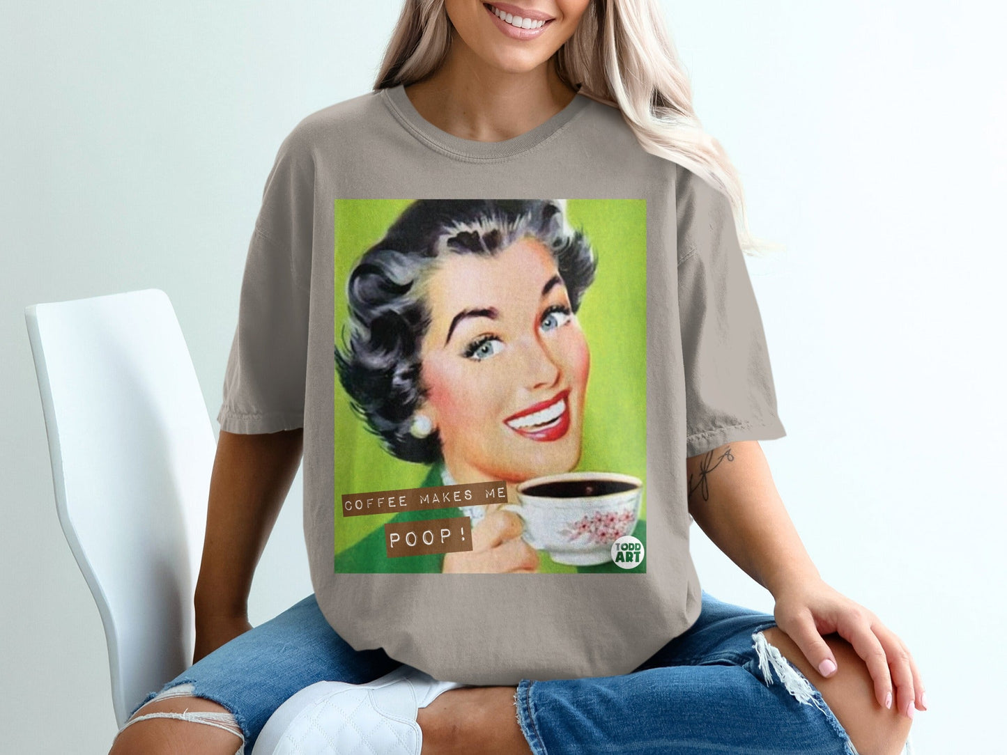 Retro illustration of a woman smiling with coffee and the text "COFFEE MAKES ME POOP!"